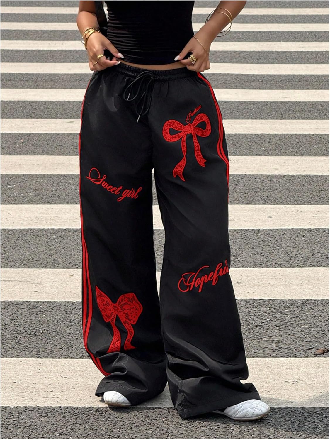 Women's Bow Graphic Baggy Pants Drawstring Elastic Waist Wide Leg Loose Long Trousers Streetwear - Image 5