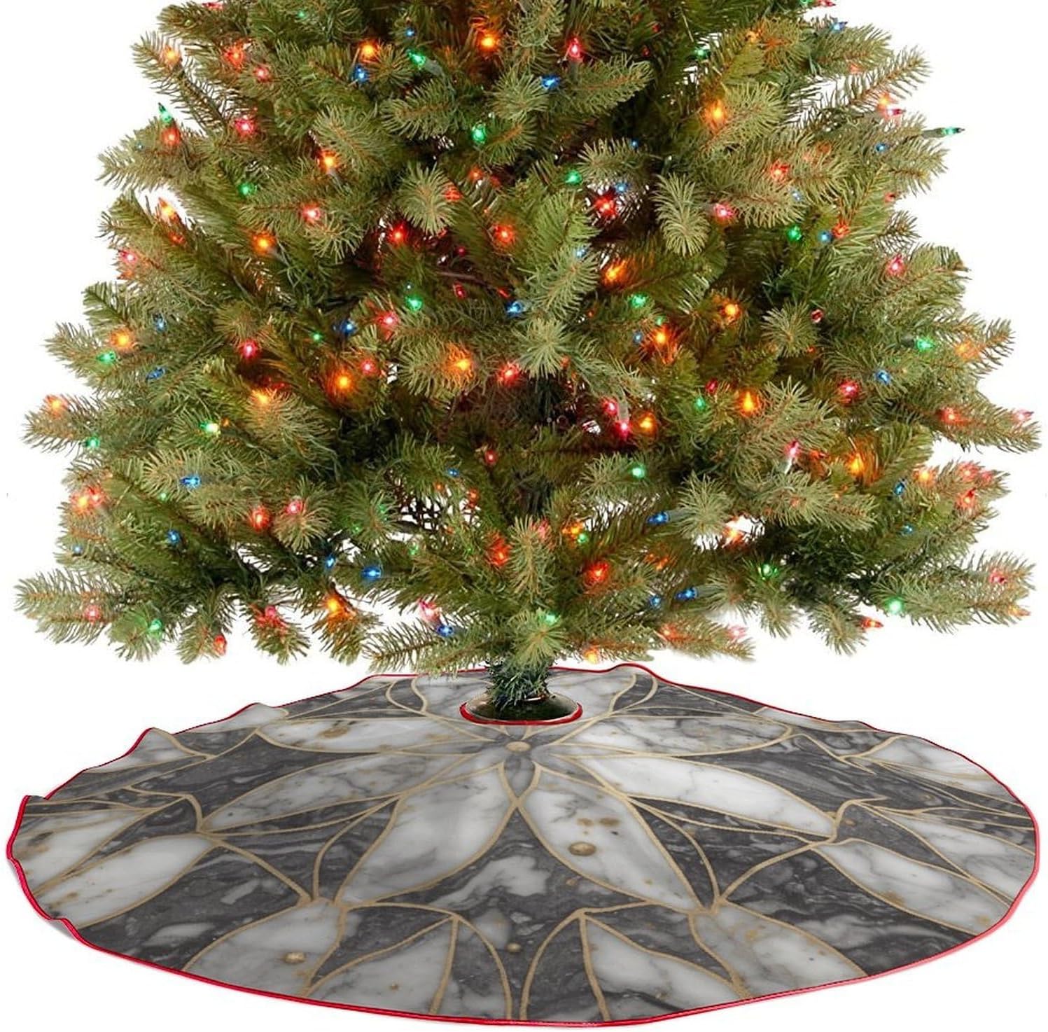 Christmas Tree Skirt,for Xmas Tree Holiday Party Decorations Oriental Marble Stone Printed Christmas Tree Mat Red Lace-up Christmas Tree Dress