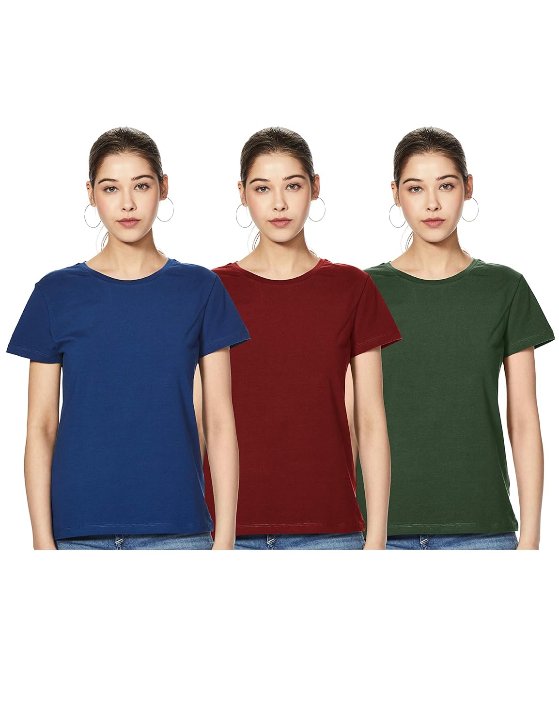 Symbol Women’s Solid Cotton Stretch Half Sleeve Round Neck Regular Fit T-Shirt – Pack of 3 by Amazon Brand