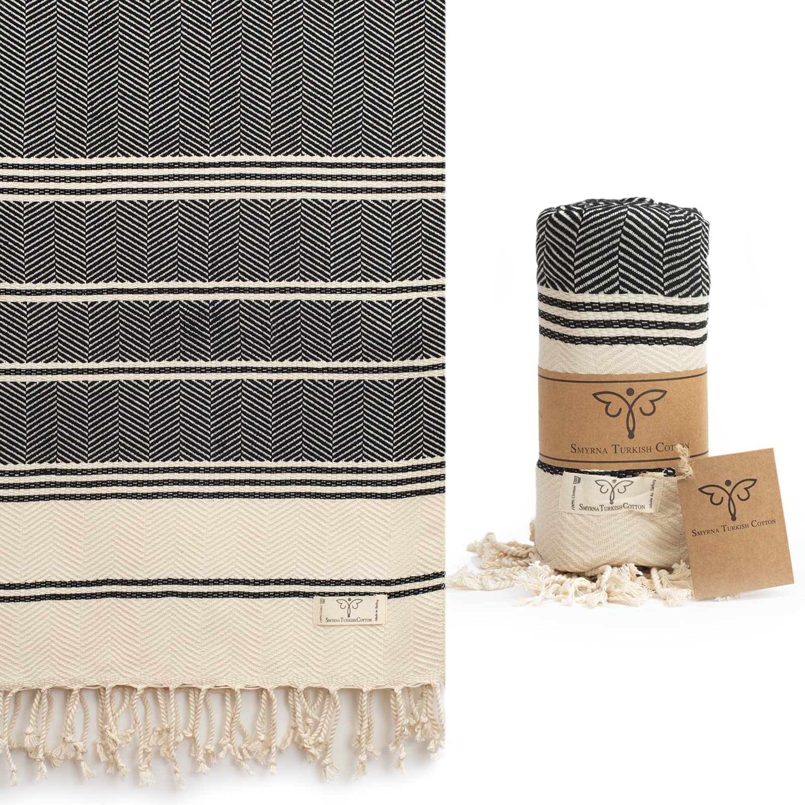 Smyrna Aegean Series Original Turkish Beach Towel | 100% Cotton, Prewashed, 180 x 90 cm | Peshtemal and Turkish Bath Towel for SPA, Beach, Pool, Gym and Bathroom (Black)