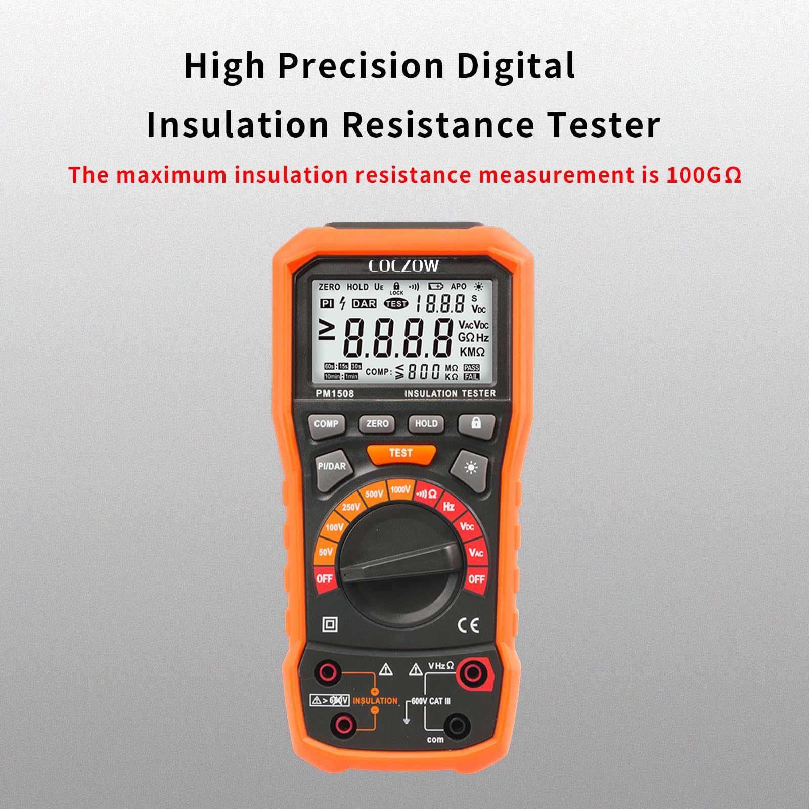 Testeur de résistance d'isolement mégohmmètre numérique 1000 V AC/DC pour appareils électriques, résistance d'isolement jusqu'à 100 GΩ, avec PI/DAR, test de fréquence et basse tension, avec écran LCD
