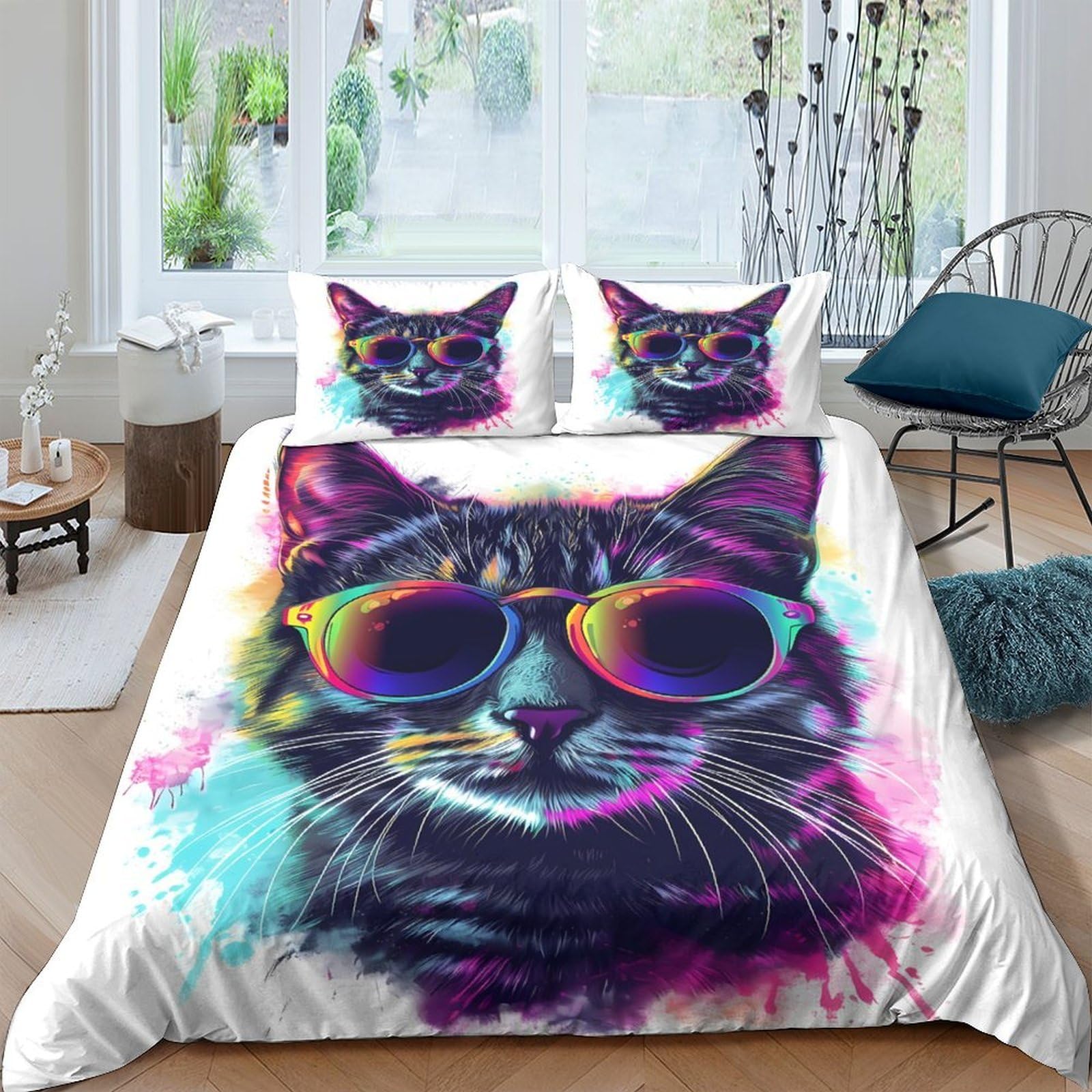 Ctjqhvkz Style-7 3D Printed Colorful Cat Fitted Sheet Microfiber Soft Breathable Sunglasses Bed Cover For Bedroom Decor Dorm Mattress Protection Single（135X200cm）