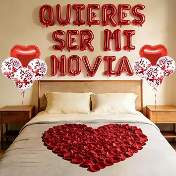 QUIERES SER MI NOVIA Balloons - 16 Inch Foil Mylar Letter Balloon with 500pcs Red Artificial Rose Petals 2pcs 18 Inch Heart Balloons for Anniversary Day Proposal Decorations