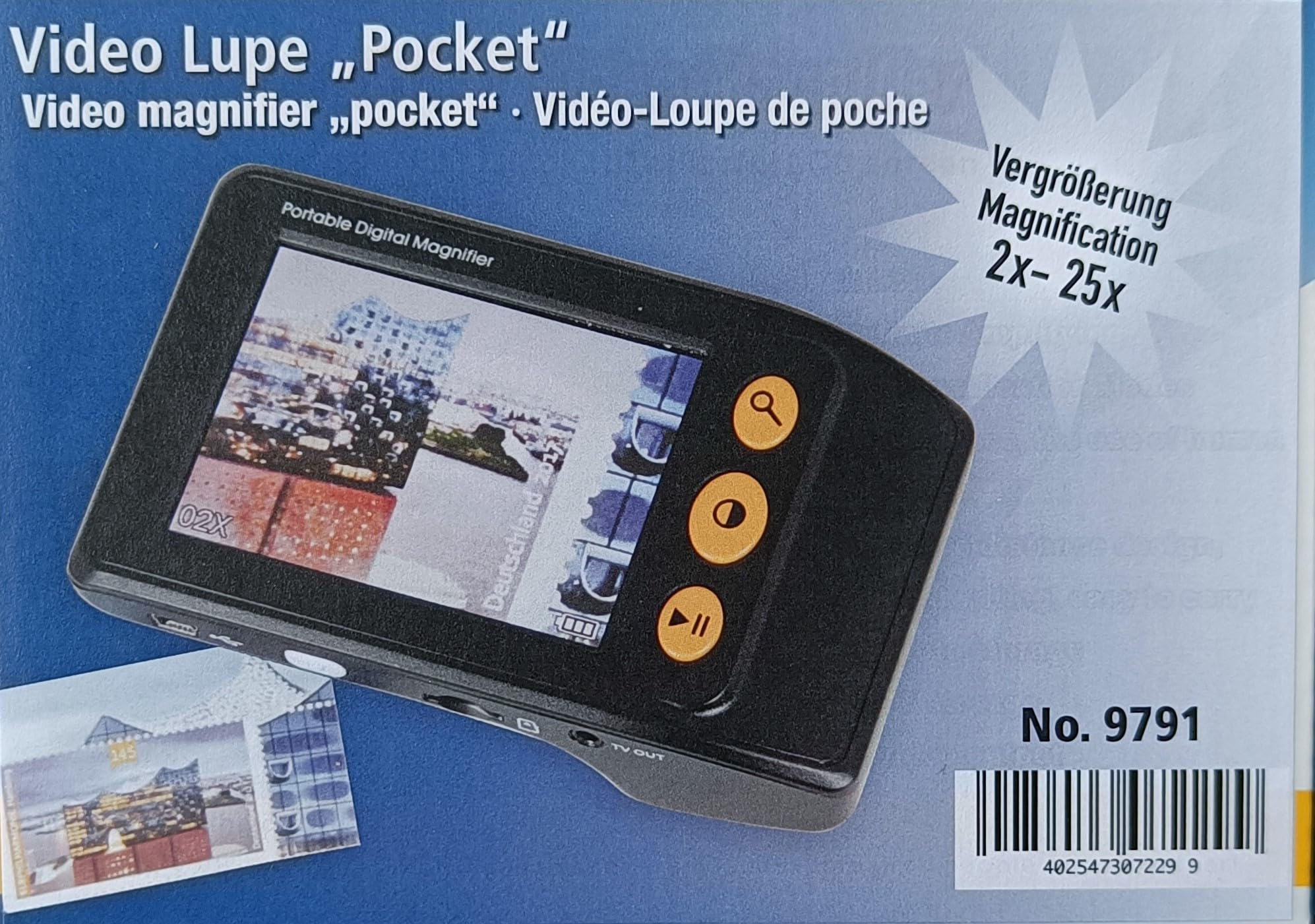 SAFE 9791 lupa do czytania elektroniczna "Pocket" - ekran 9 cm 2-25-krotne powiększenie, format 118 x 78 x 25 mm