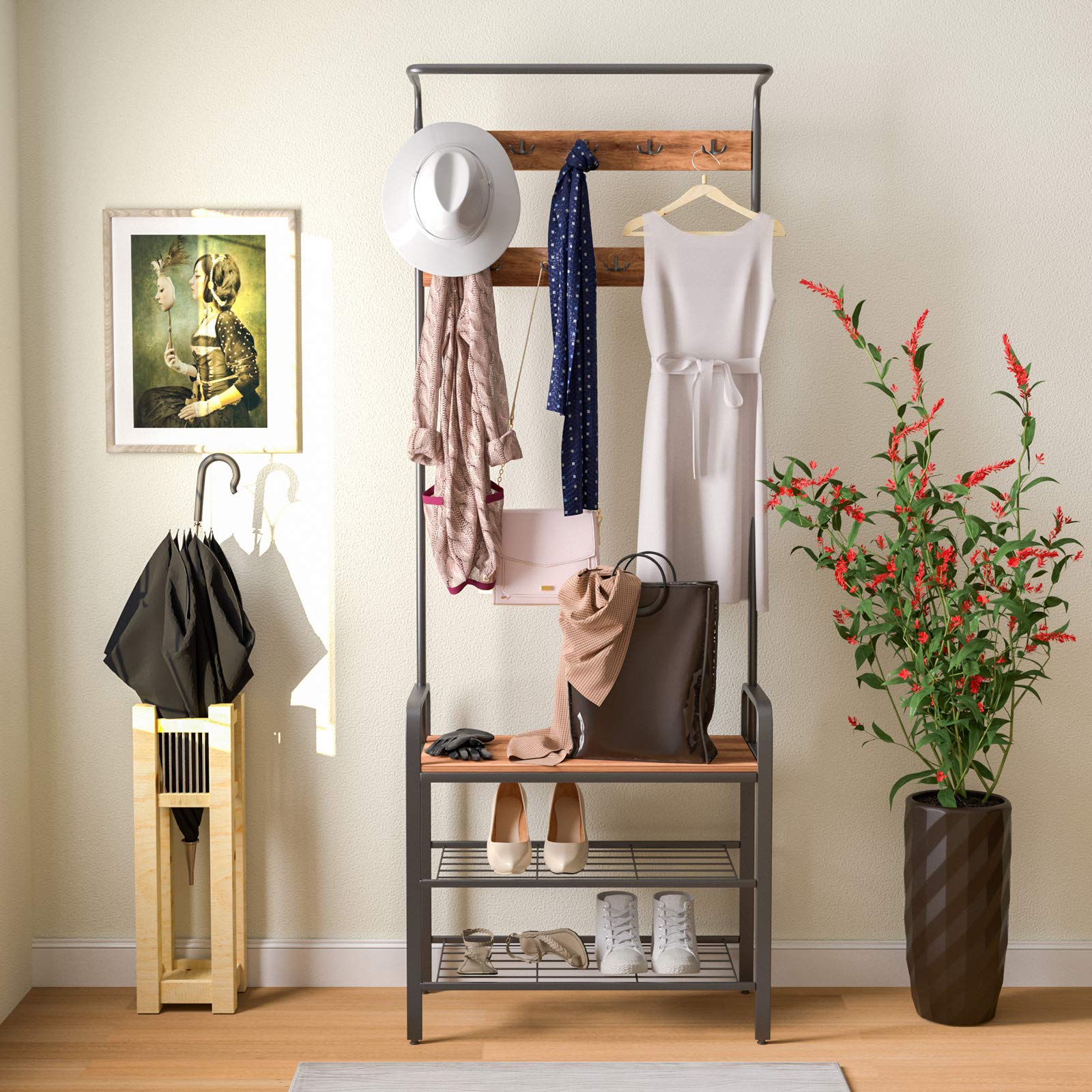 Mecor 3in1 Industrial Coat Rack Shoe Bench, Free Standing Hall Tree