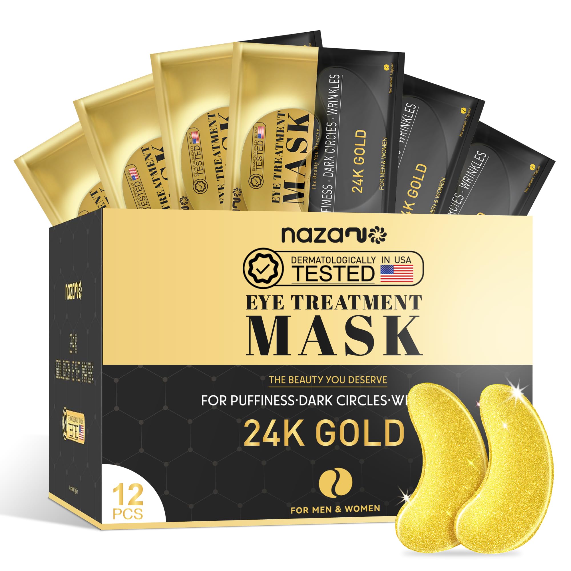 NAZANO 12 Pcs 24K Gold Under Eye Patches - Eye Masks | for Puffy Eyes, Dark Circles, Bags & Wrinkles with Sodium Hyaluronate - Eye Care Pads for Daily Skincare Gold 12Pcs