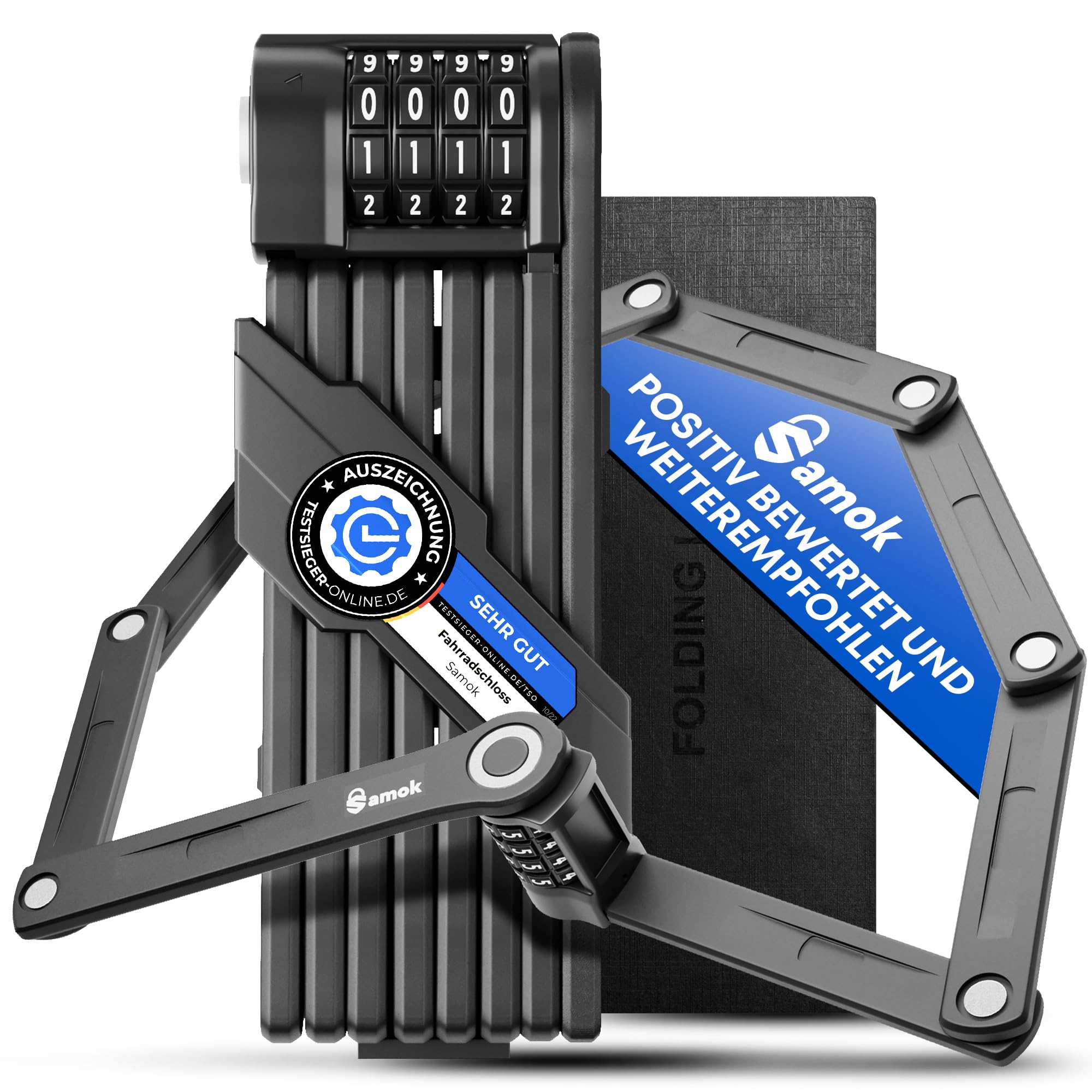 Samok® Lucchetto a combinazione per bicicletta, codice a 4 cifre, 120 cm, con supporto, pieghevole, in acciaio, pieghevole, con numeri e numeri, alta sicurezza, livello 10, antifurto, e-bike e MTB