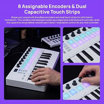 M-VAVE SMK-25 II MIDI Keyboard Controller with Backlit Drum Pads, Bluetooth Wireless Portable Rechargeable MIDI Controller, Beat Maker DAW Controller Wireless Bluetooth MIDI Keyboard (SMK-25 II White)