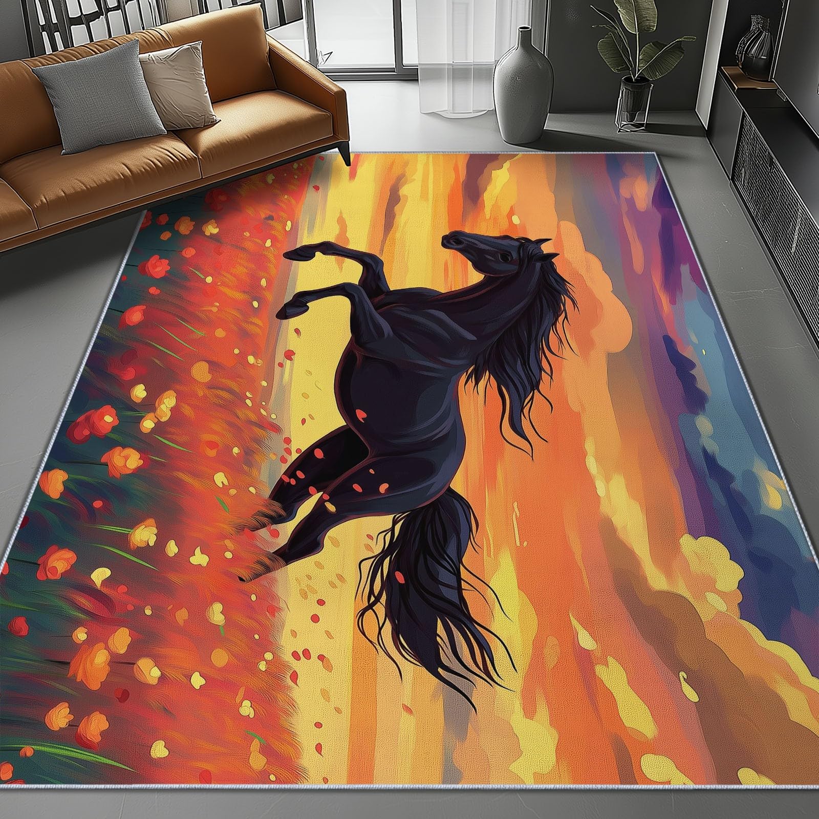 Lavabile in Lavatrice Tappeto per Soggiorno Camera da Letto Ufficio Decorazione 120 x 180 cm, Cartoni Animati Animali Floreale Prato Tema Flanella Tappeti con Supporto Antiscivolo, Arancia