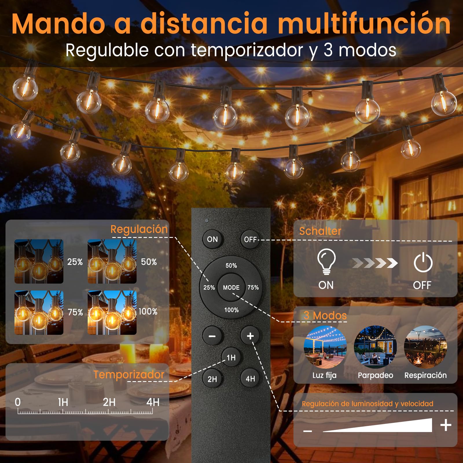 Guirnalda-Luces-Exterior-Jardín-Led 45M G40 Bombillas 50ft con 75+3 Bombillas Luz Exteriores Guirnaldas Dimmable IP45 Impermeable Conectable Terraza Iluminacion Exteriors Lampadas para Navidad Fiesta