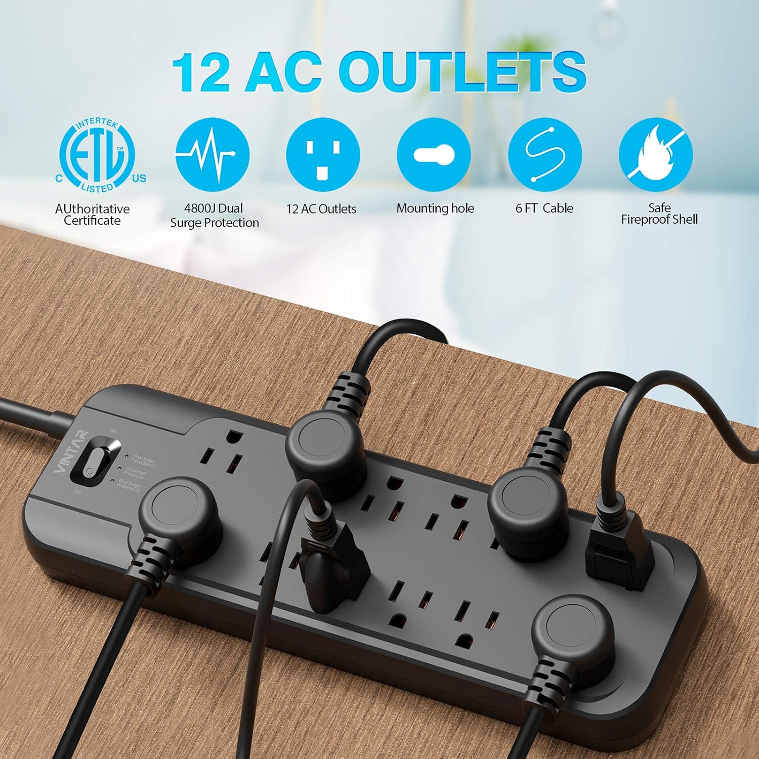 VINTAR Power Strip Surge Protector (2 × 4800 Joules) with 12 AC Outlets,1875W Output, 6ft Long Extension Cord Flat Plug with Dual Surge Protection for Office, Home, ETL Listed, Black