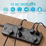 Power Bar, VINTAR Surge Protector (2 × 4800 Joules) with 12 AC Outlets, 6 ft Long Extension Cord Flat Plug with Dual Surge Protection for Office, Home, ETL Listed, Black