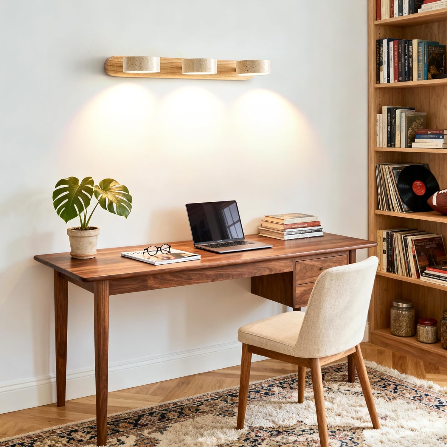 Farmhouse Wood Vanity Light, LED Mirror Light with 3 Travertine Stone Shades, 300° Rotatable Modern Rustic Vanity Lights Fixture Wall Lamp for Bathroom Bedroom Living Room Hallway