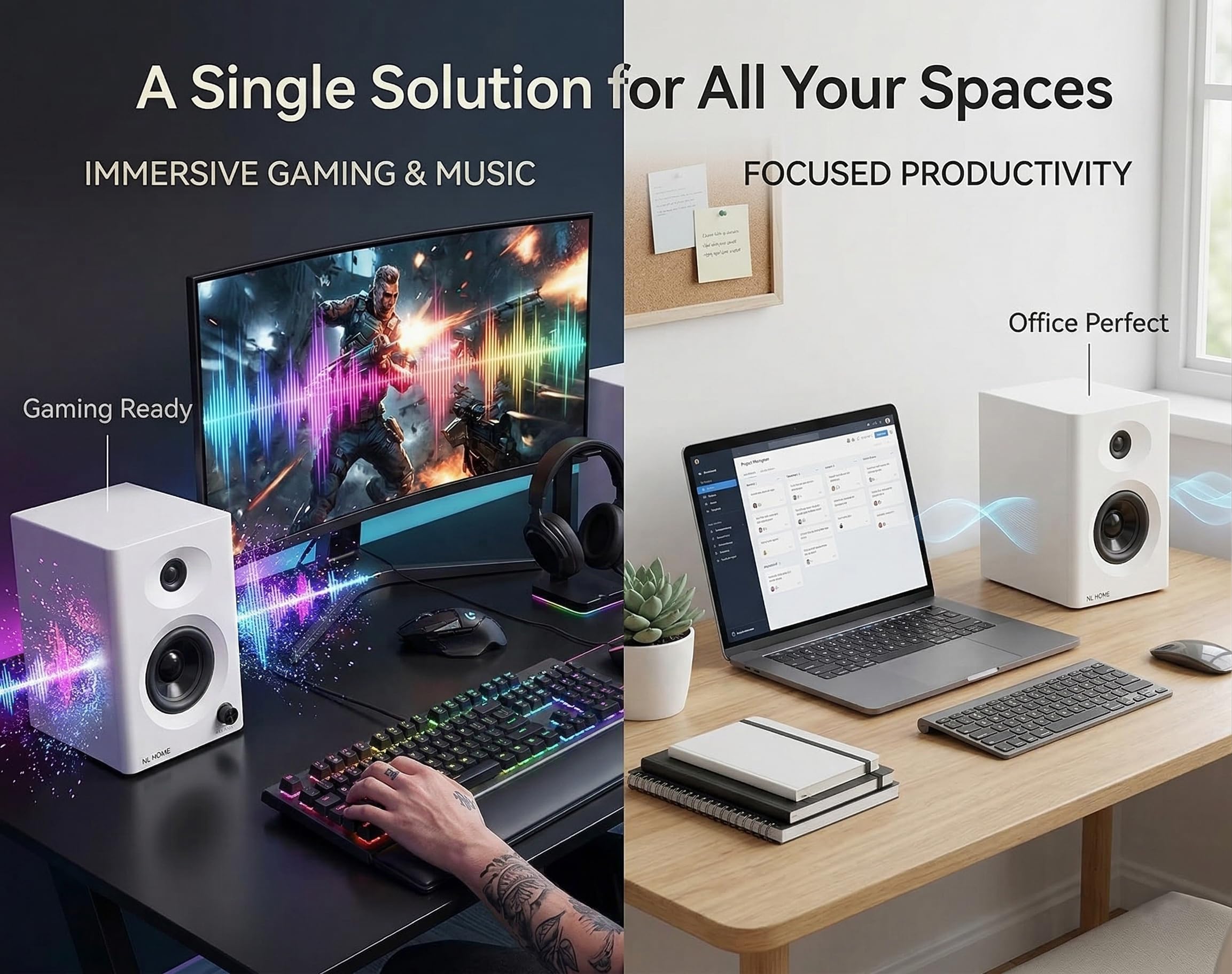 Haut-parleurs d'ordinateur Bluetooth 5.3 de 3 pouces pour PC avec son stéréo riche maximum de 60 W, entrées Aux-in/RCA, design compact pour jeux, bureau à domicile, studio, blanc