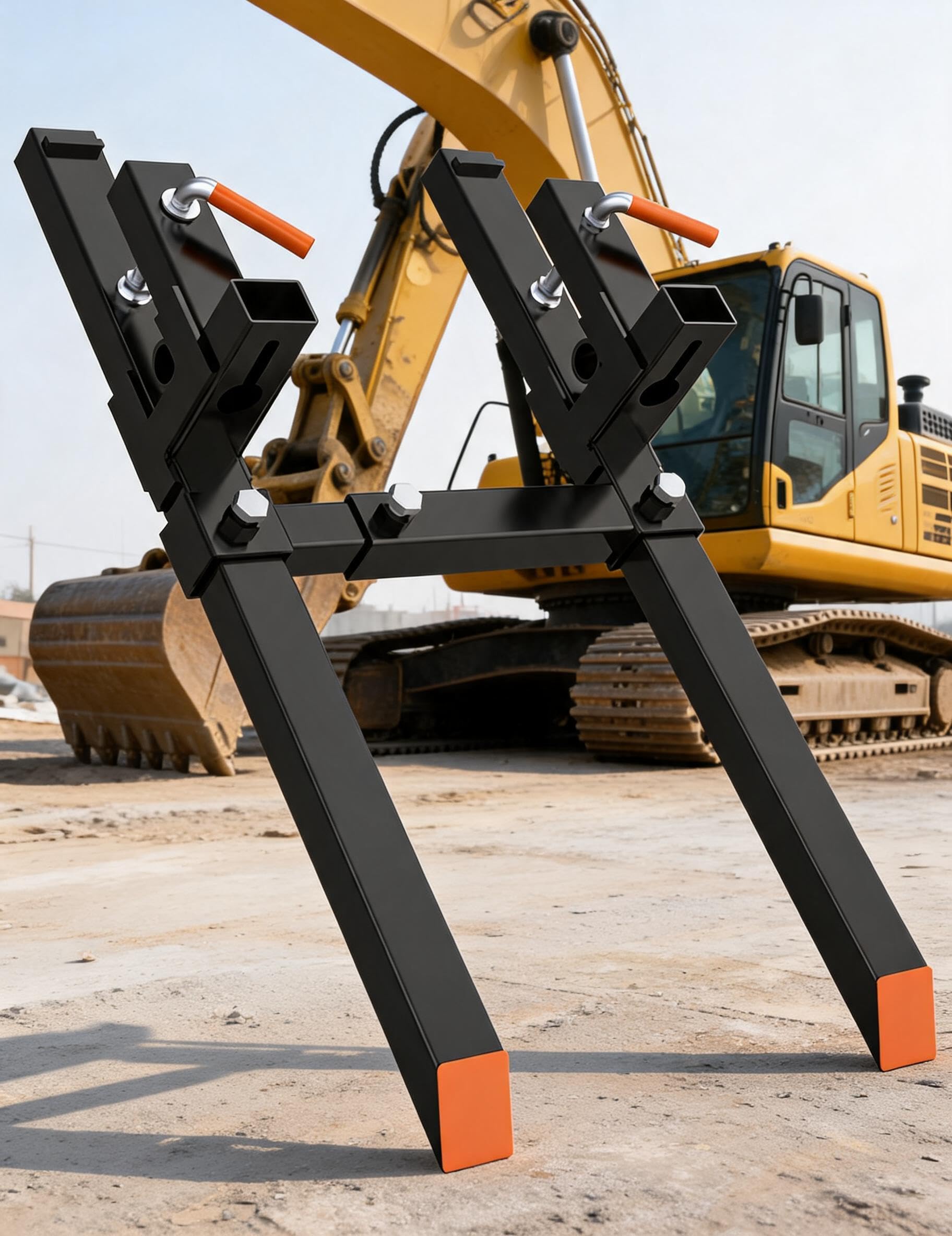 Hochleistungs-Anklamm-Palettengabeln 43 Zoll, 2000 lbs Tragkraft, verstellbare Stabilisatorstange, passend für Traktor, Frontlader, Skid Steer, Materialtransport Zubehör, schwarz-orange Gabelarme