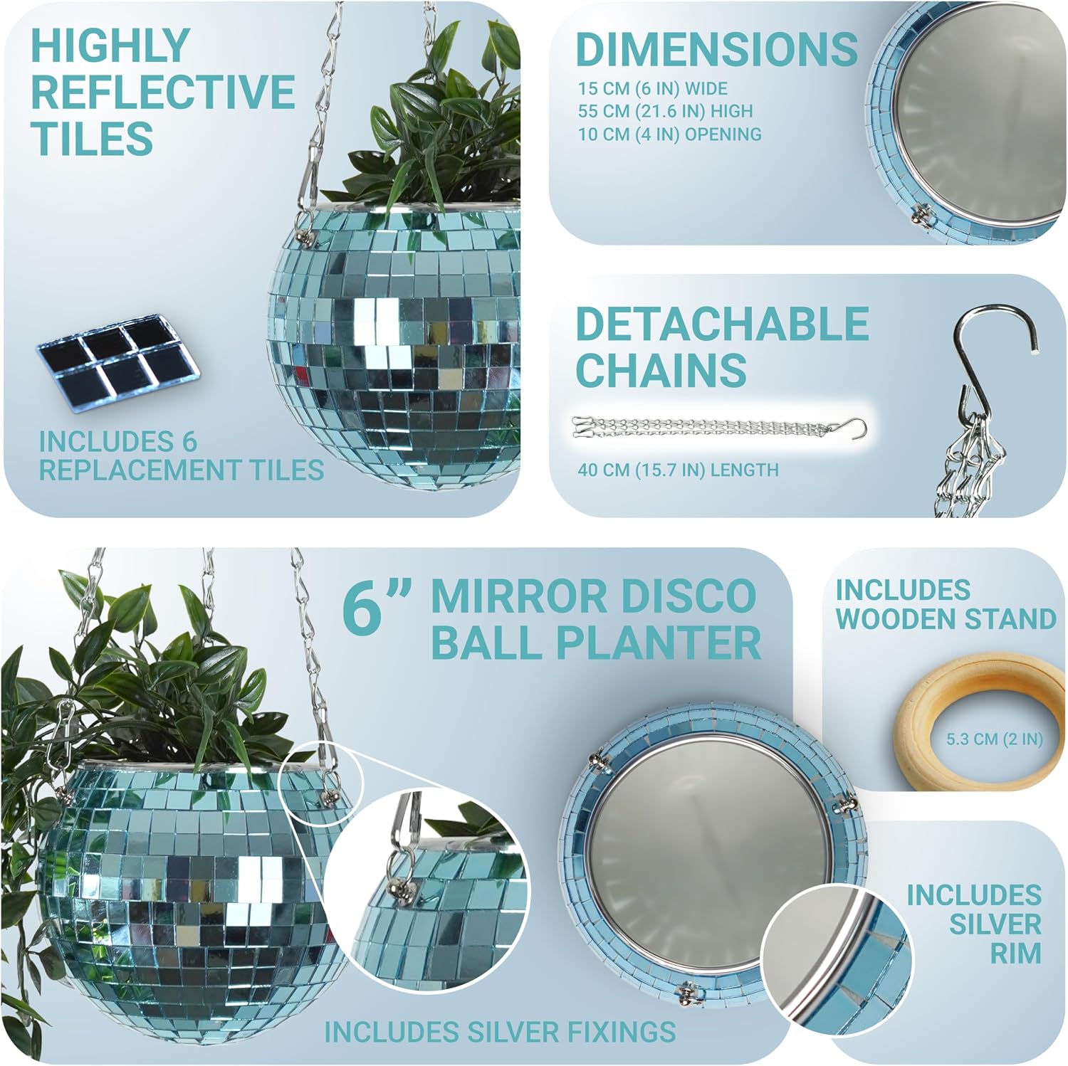 Bubblegum Stuff Disco Ball Hanging Planter: Blue Edition - Hanging Planters for Indoor Plants - Spherical Shaped Plant Pots with Mirrored Exterior - Available in 6-inch Size