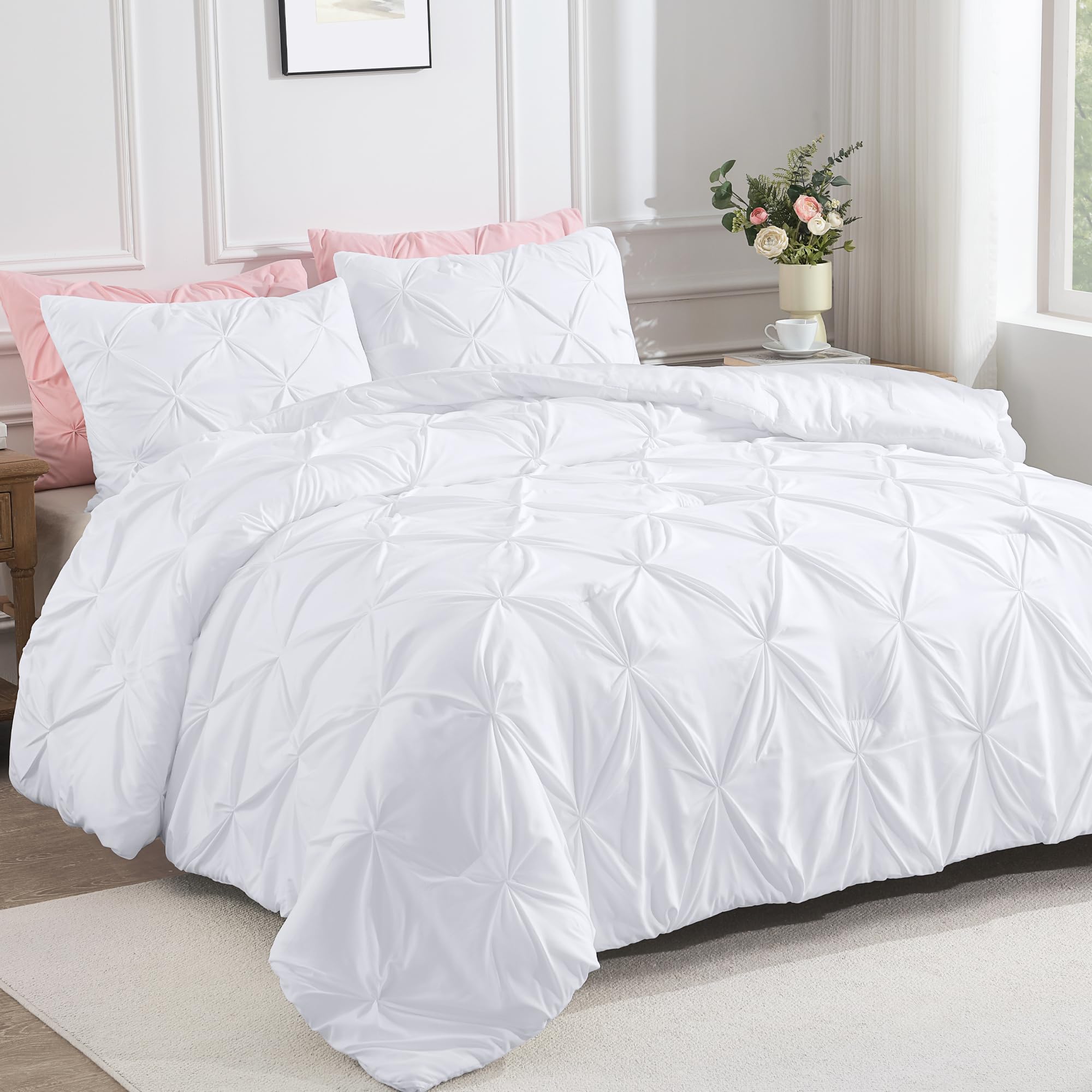 Andency White King Size Comforter Set(104x90Inch), 3 Pieces Cute Soft Pinch Pleat Bedding Comforters & Sets, All Season Lightweight Down Alternative Bed Set for Men Women