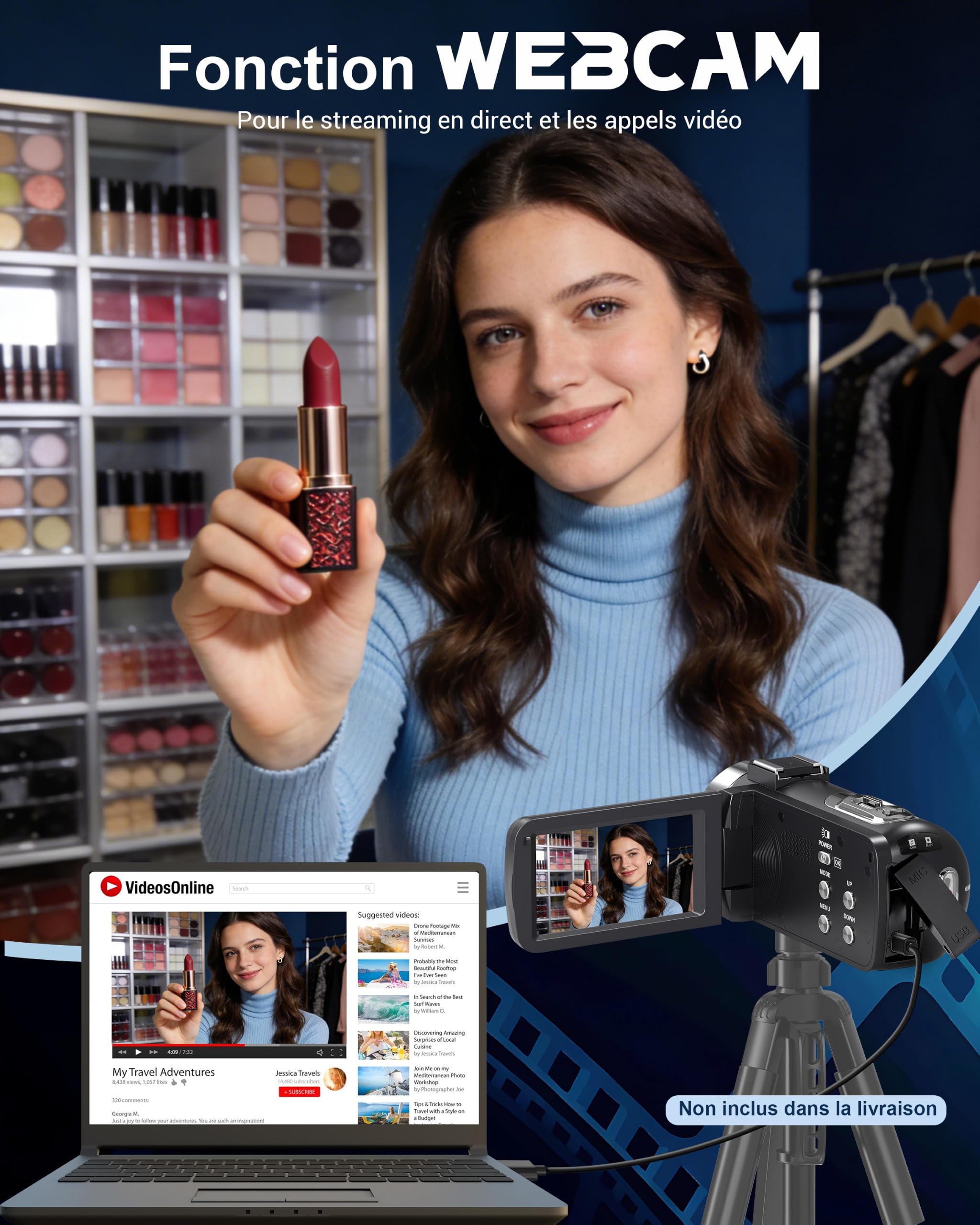 Caméscope 4K Caméra Vidéo 80MP Vision Nocturne Zoom 18X Vlogging Camera