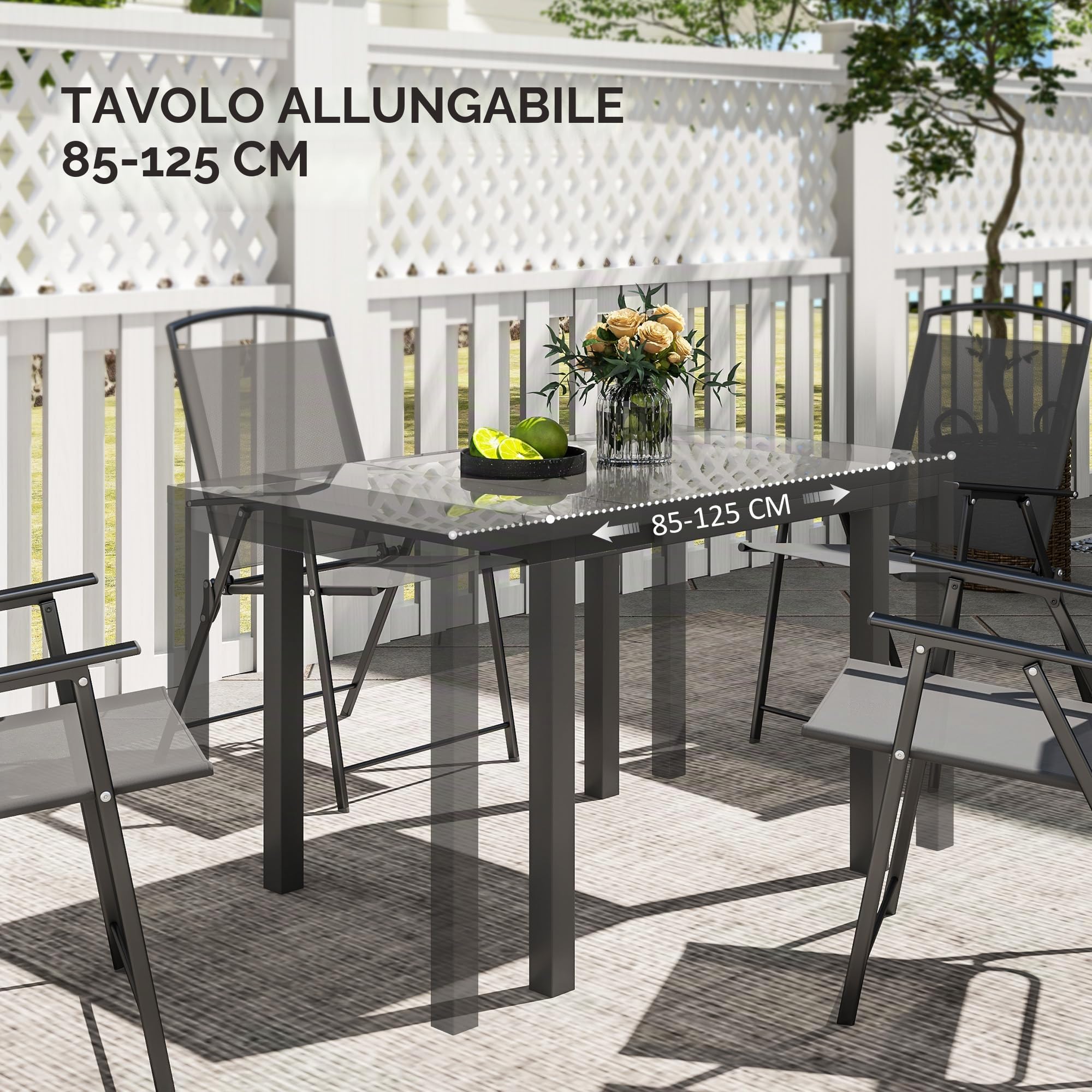 Outsunny Tavolo da giardino allungabile Tavolo da pranzo regolabile per esterni 85-125 cm con bordo in alluminio Carico 70 kg Tavolo rettangolare per 4-6 persone per terrazza Patio Grigio scuro