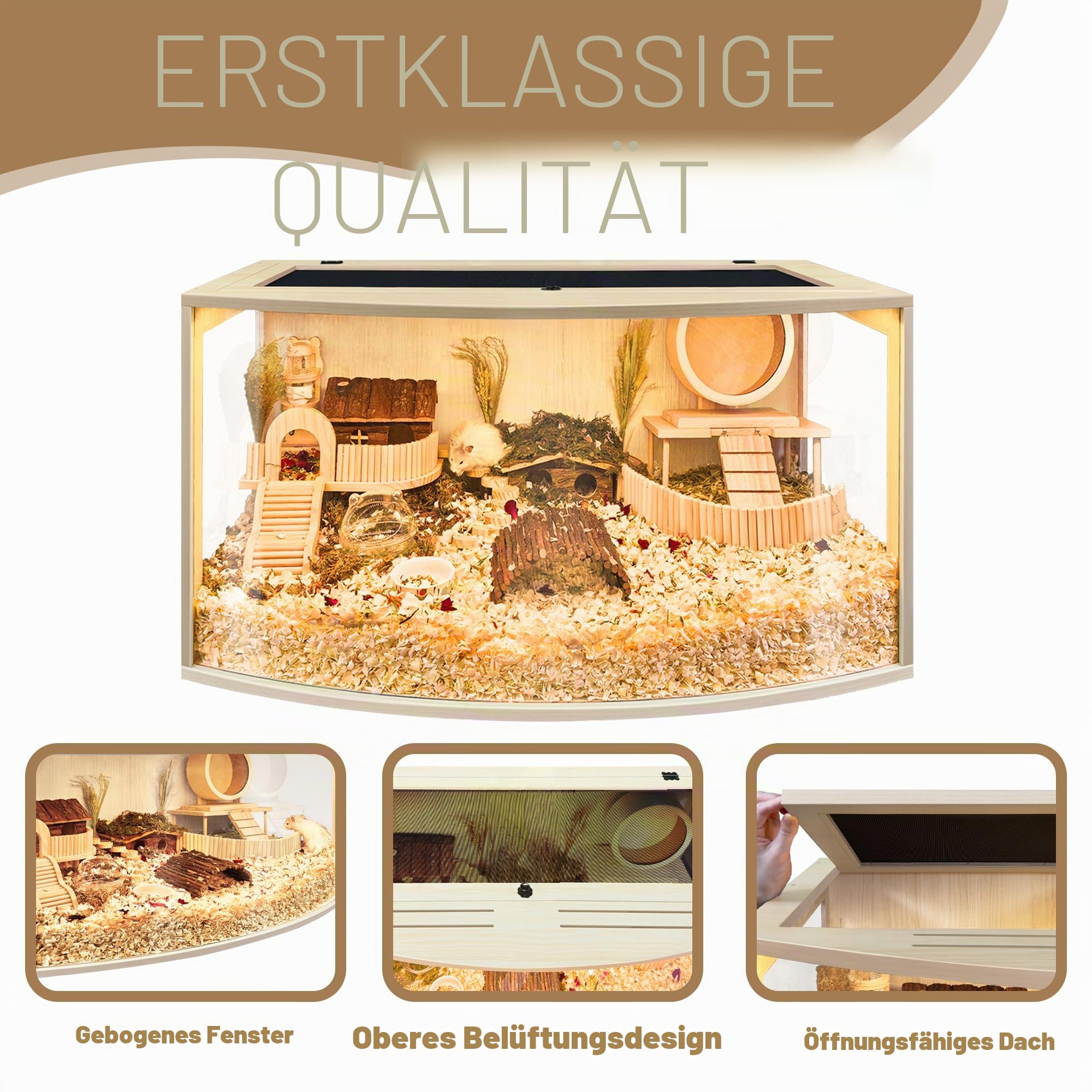 Prolee Hamsterkäfig, kaufestes Holz, Hamstergehege, offene Oberseite mit gebogenem Design, wasserdichter Kleintierkäfig mit Acrylplatten für Rennmäuse, Hamster-Habitat (61 cm)