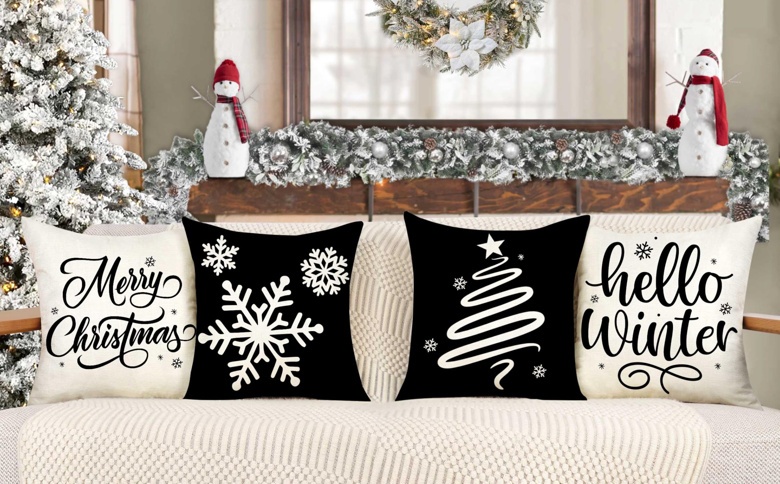 Juego de 4 fundas de almohada de Navidad negras de 18 x 18 pulgadas, decoración de Navidad de granja, copos de nieve, hola invierno, decoración de vacaciones, funda de cojín para el sofá 2
