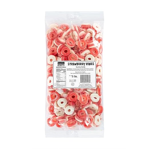Kervan Candy Bebeto Strawberry Rings - Fruity, Soft, Sweet & Sour Gummy Candy Bulk for Kids, Gift Snacks and Parties - Strawberry Ring Gummies Big Party Size Bag (5 lbs)