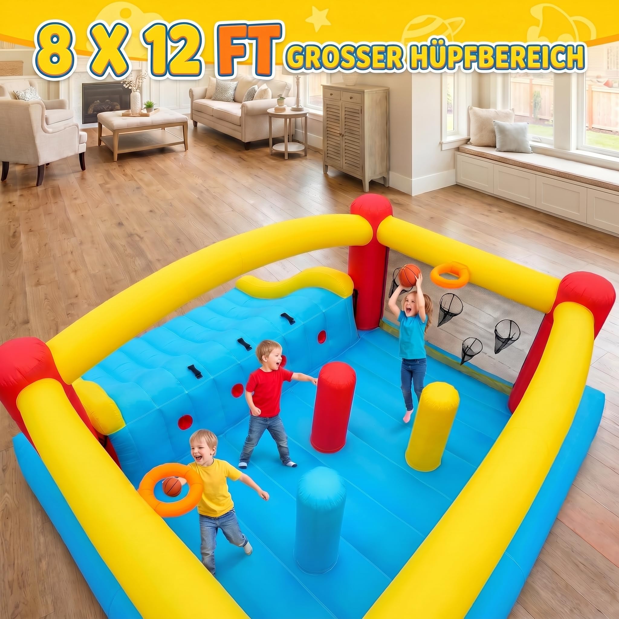 Castello gonfiabile per bambini di età 8-12 anni, 4,1 x 4,1 m, per interni ed esterni, con ventilatore, castello gonfiabile spaziale per feste e giardino