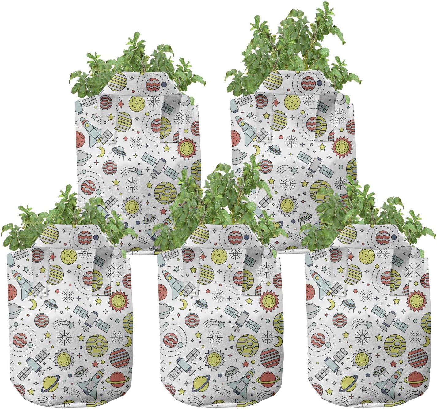 Ambesonne Spaceship Grow Bags 5-Pack, Colorful Cosmos Moon, Heavyduty Fabric Pots with Handles for Plants, 7 Gallon, Multicolor