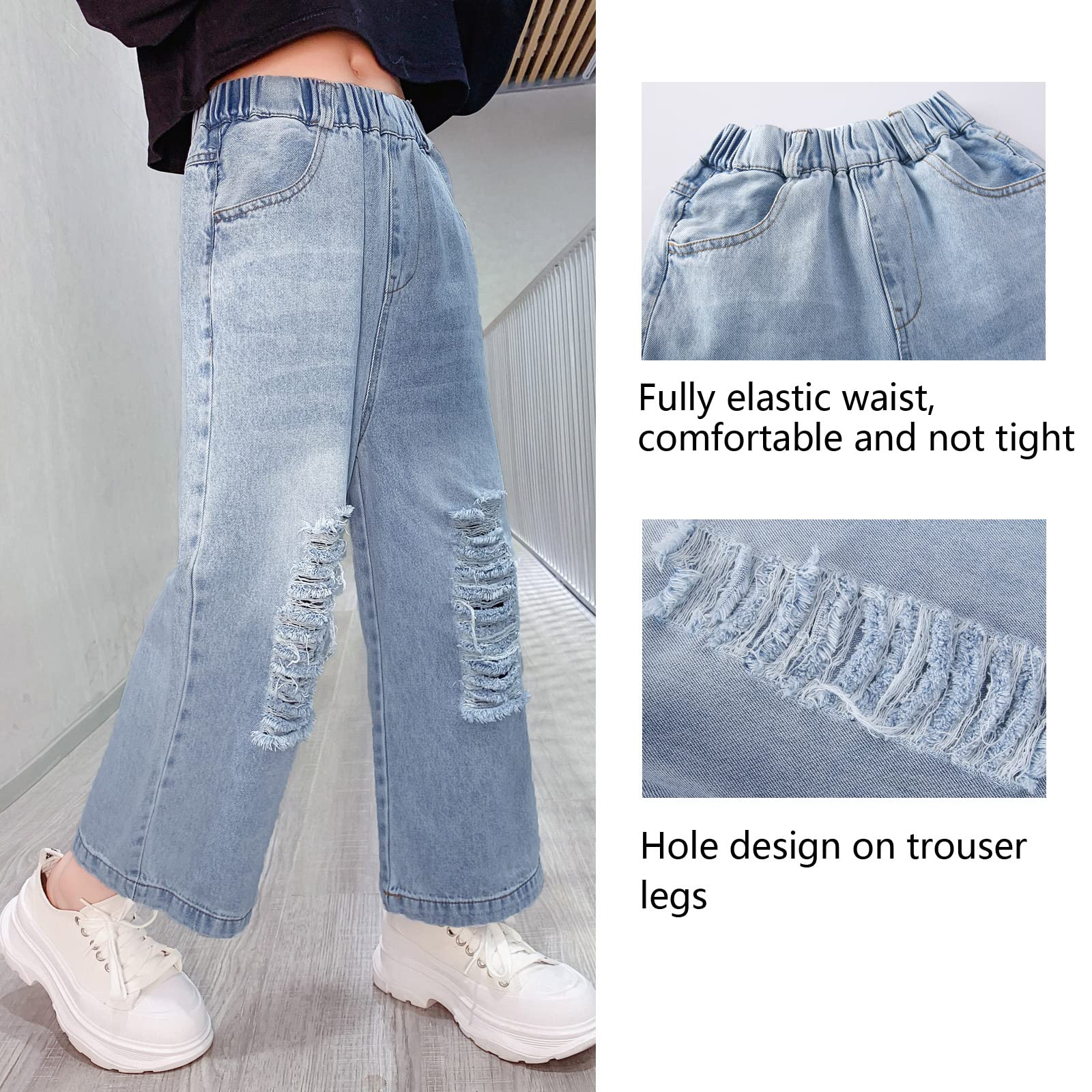 MEILONGER Pantaloni Jeans Baggy per Bambine, Gambe Larghe strappate, con Buchi Strappati, Vita Alta Casual Taglie 8, 10-12, 14-16
