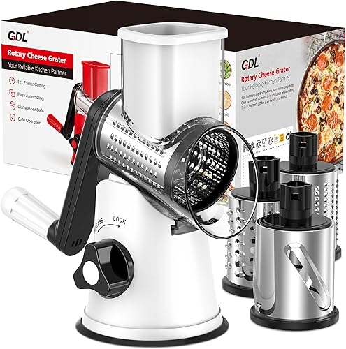 Rallador de queso rotativo, rallador giratorio para cocina, rallador de cocina, cortador de verduras con 3 cuchillas de tambor, triturador de queso
