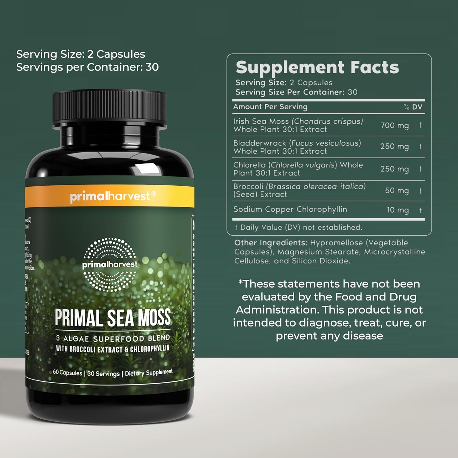 Primal Harvest Sea Moss Capsules with Bladderwack and Irish Sea Moss, Chlorella, Broccoli Seed Extract Plant-Based Supplements for Adults - Image 2