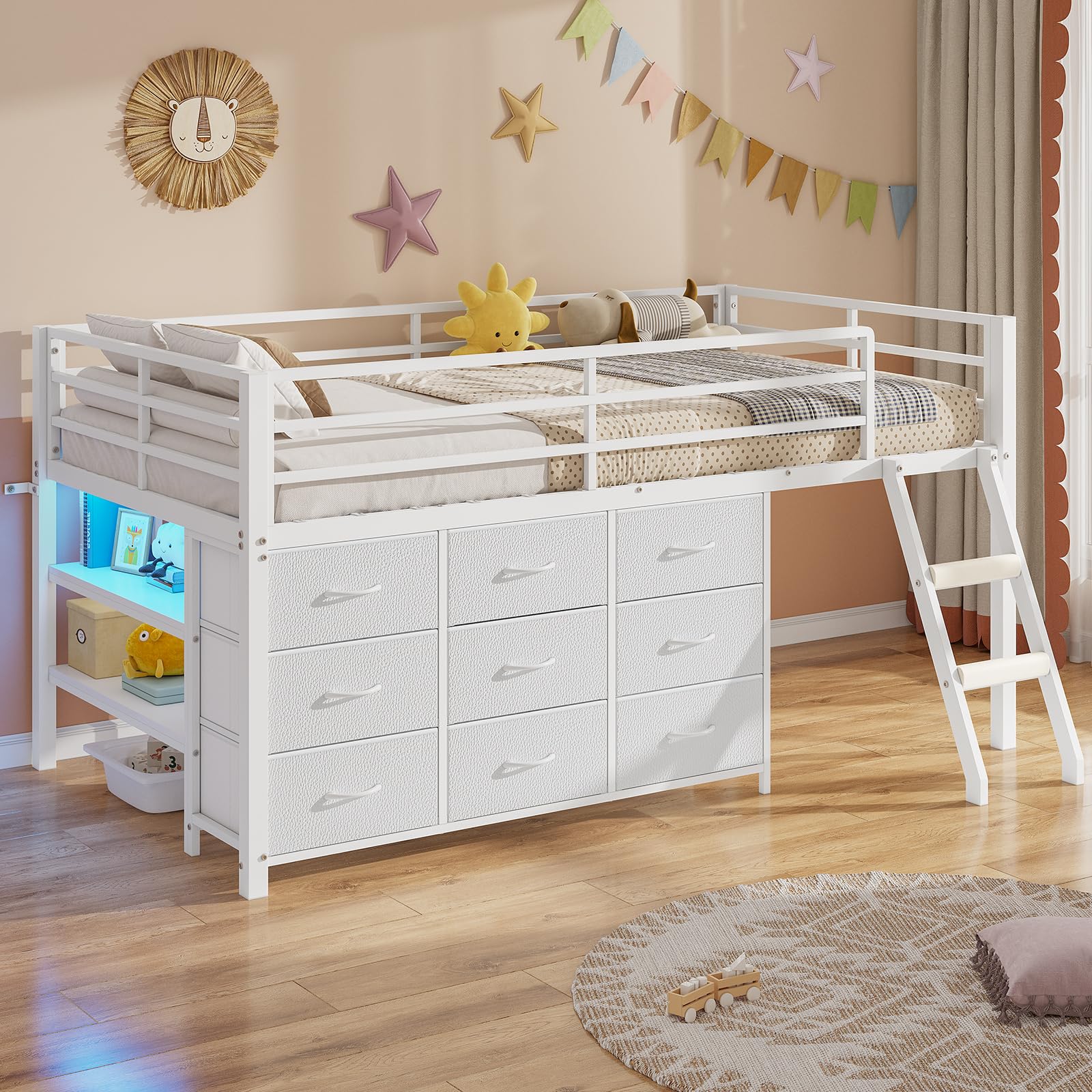 BTHFST Twin Loft Bed for Kids, Low Loft Bed Twin Size with 9 Storage Dresser, LED Lights, 2 Storage Shelves & Stairs, Metal White Bed with Safety