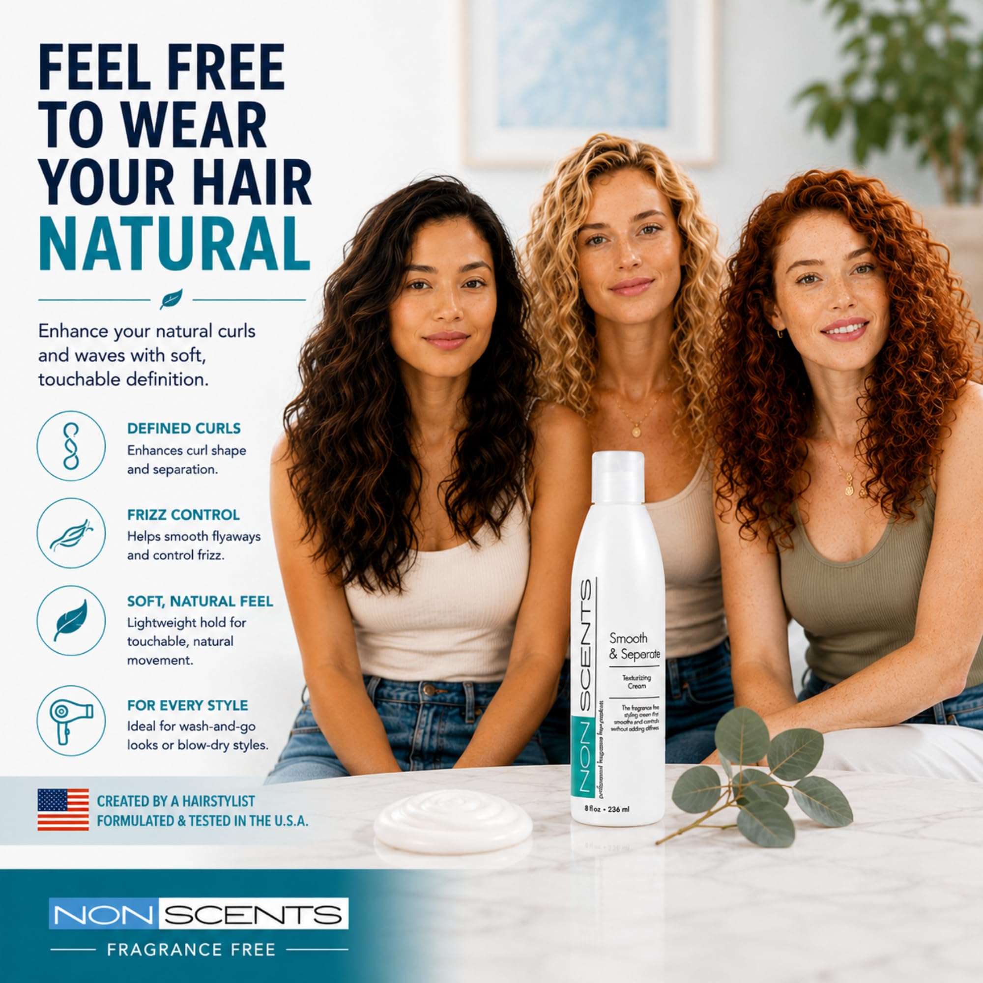 Nonscents Curl Defining Cream, Unscented Fragrance-Free Hair Texturizer