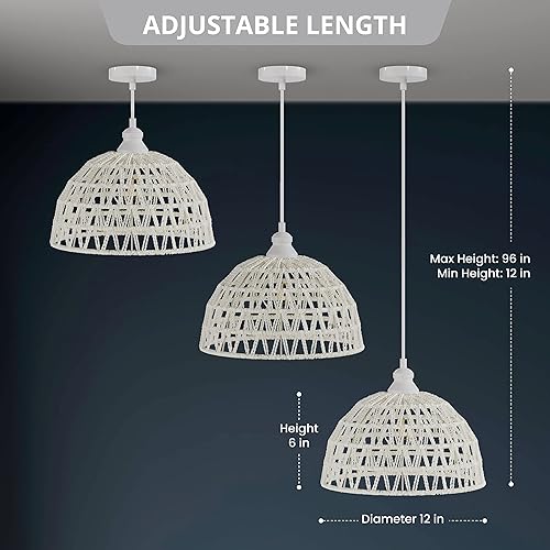 Miniatura 2 de Colgante de mimbre de ratán ajustable, estilo rústico bohemio moderno, blanco crema, 12 pulgadas, listado ETL, 1 luz, cuerda tejida a mano y toldo a
