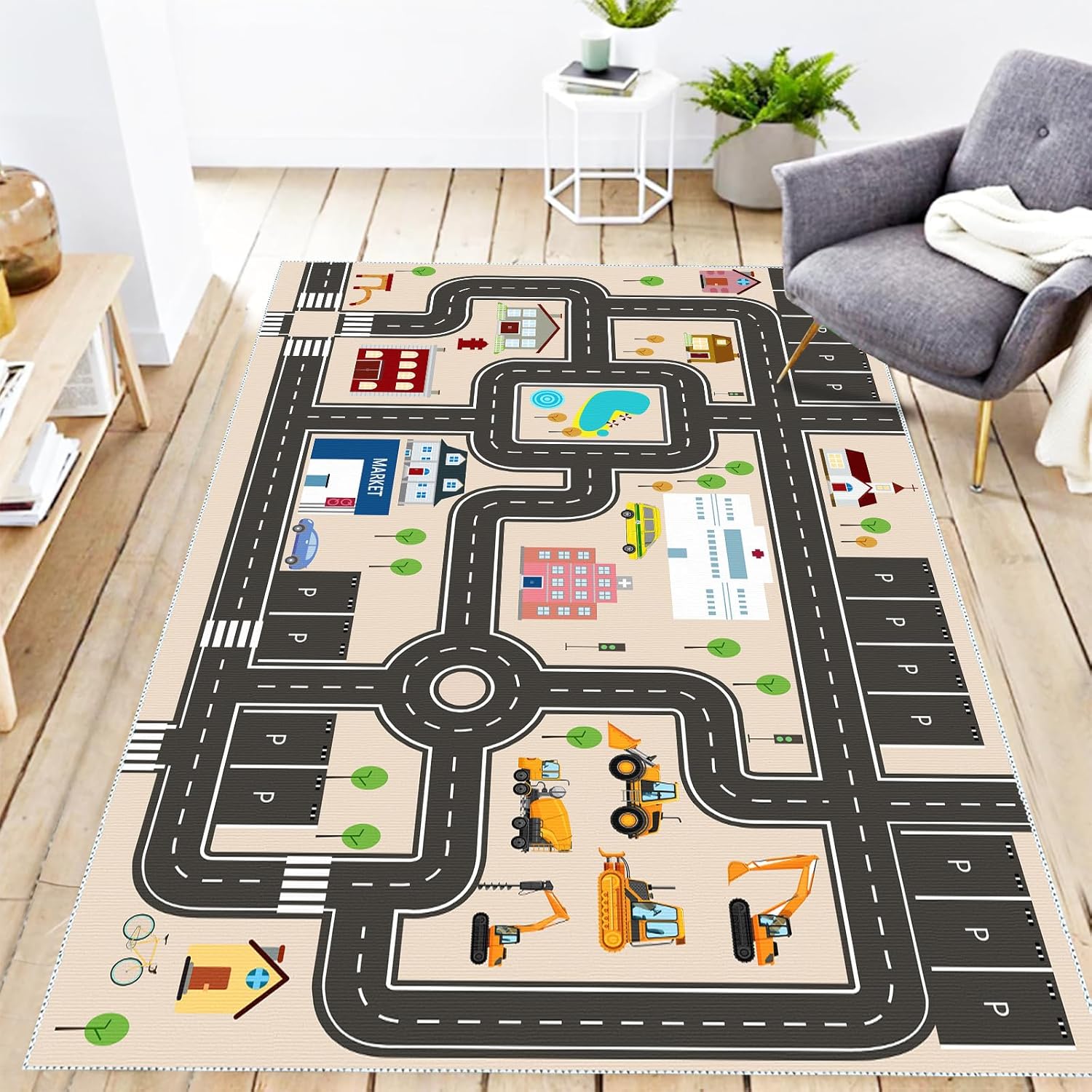 Kids Car Rug Playmat with Non-Slip Rubber Backing，Car City Life Road Carpet，Child Car Traffic Rugs ，Train Track Play Mat(80×120cm/32×47in)