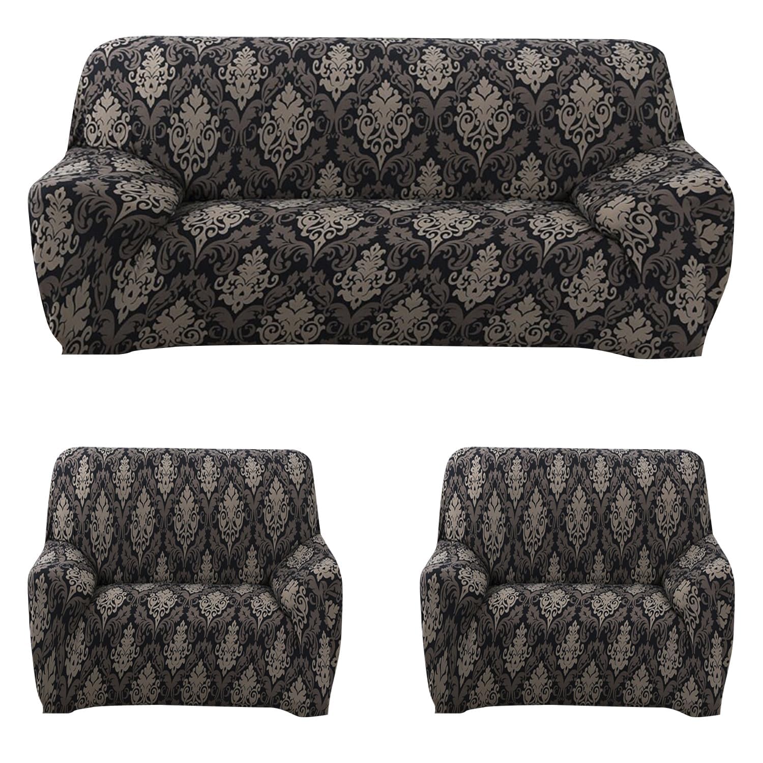 3 Piece Sofa Covers Couch Slipcover Stretch Elastic Sofa Couch Furniture Protector 1 Three Seater 2 One Seater Sofa Cover (3+1+1 Seater, Black/Brown Motif)-image-44
