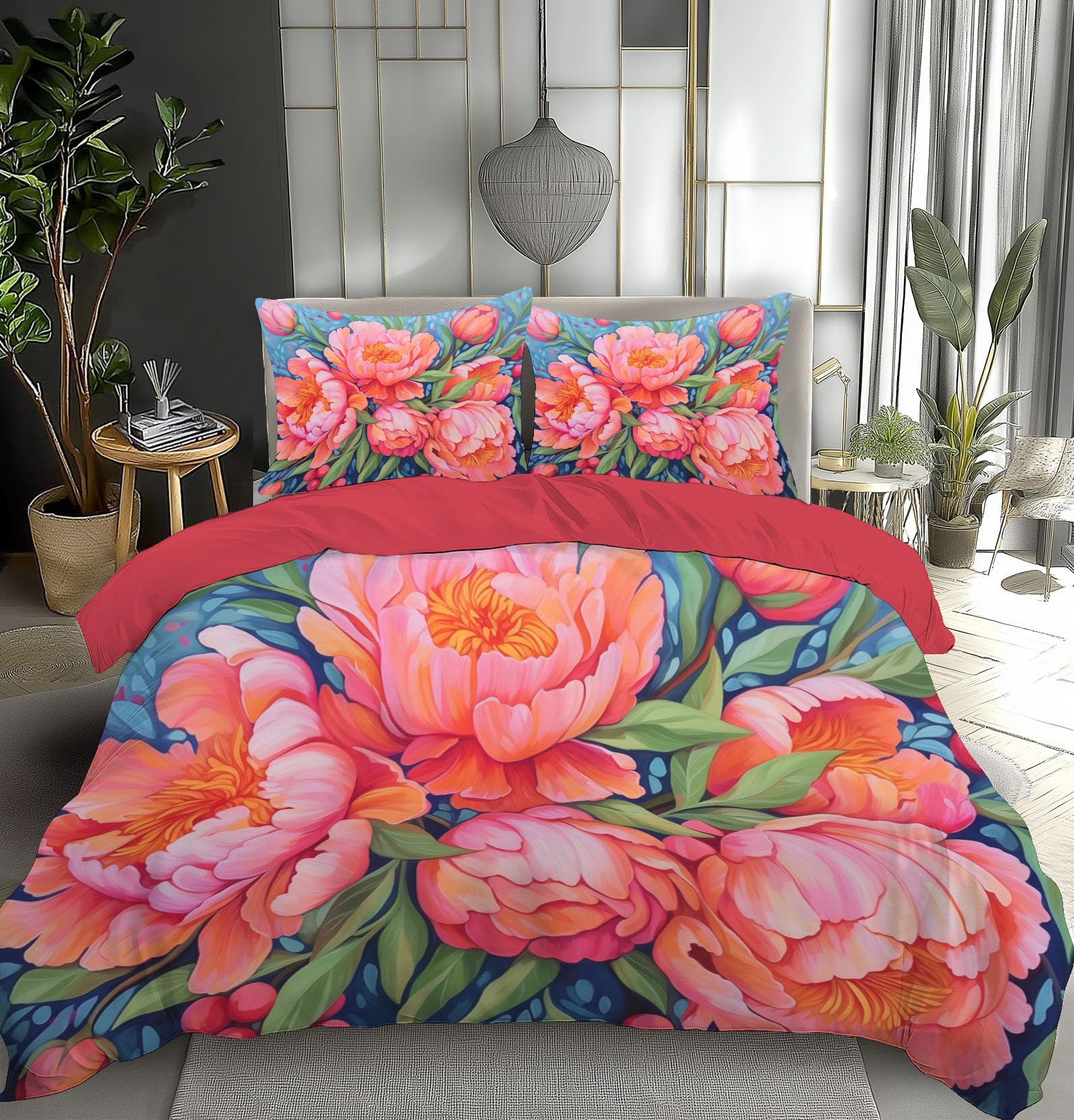 Parure de lit imprimé pivoine corail avec fermeture éclair pratique