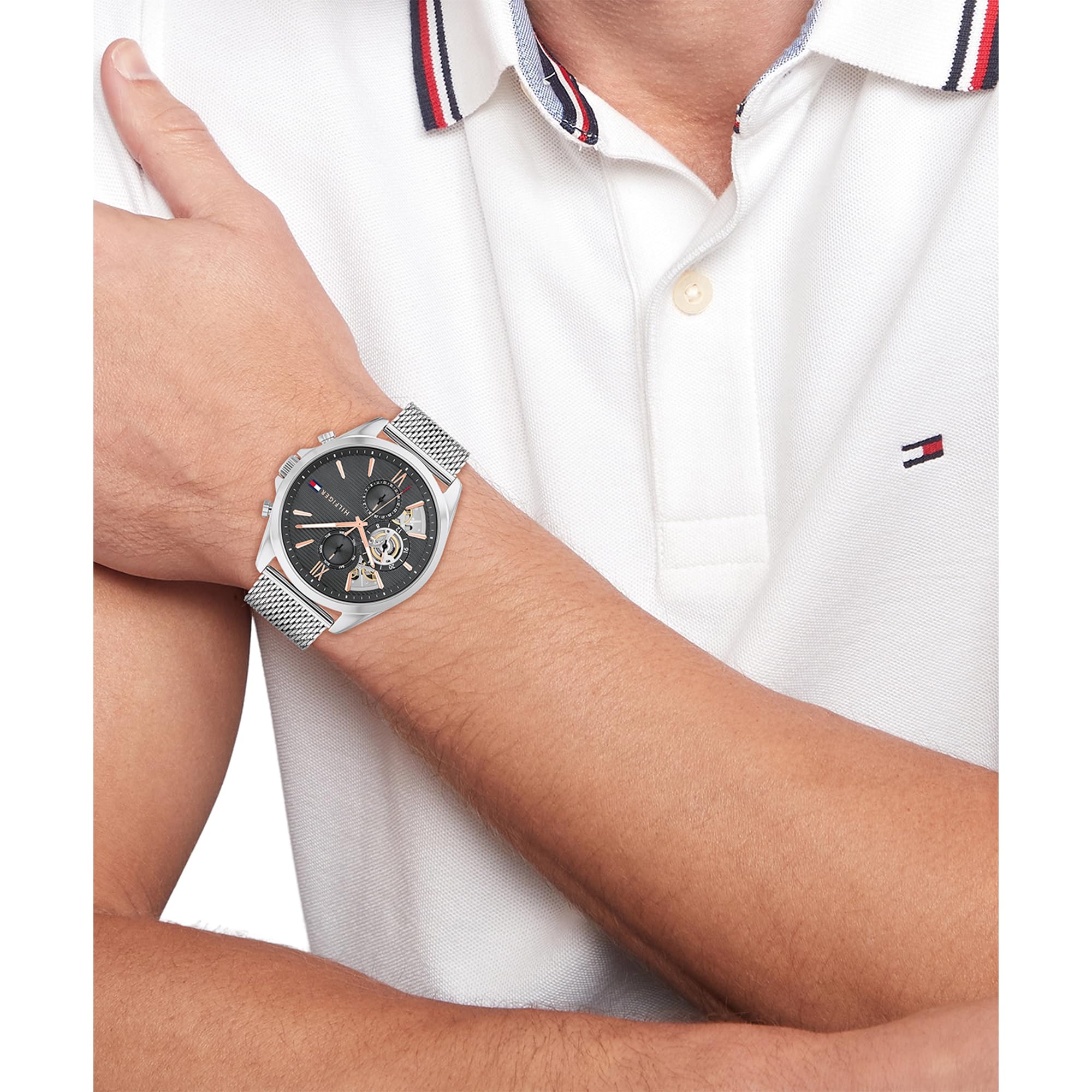 Tommy Hilfiger Reloj Analógico de Cuarzo multifunción para Hombre con Correa de Malla de Acero Inoxidable y de Piel