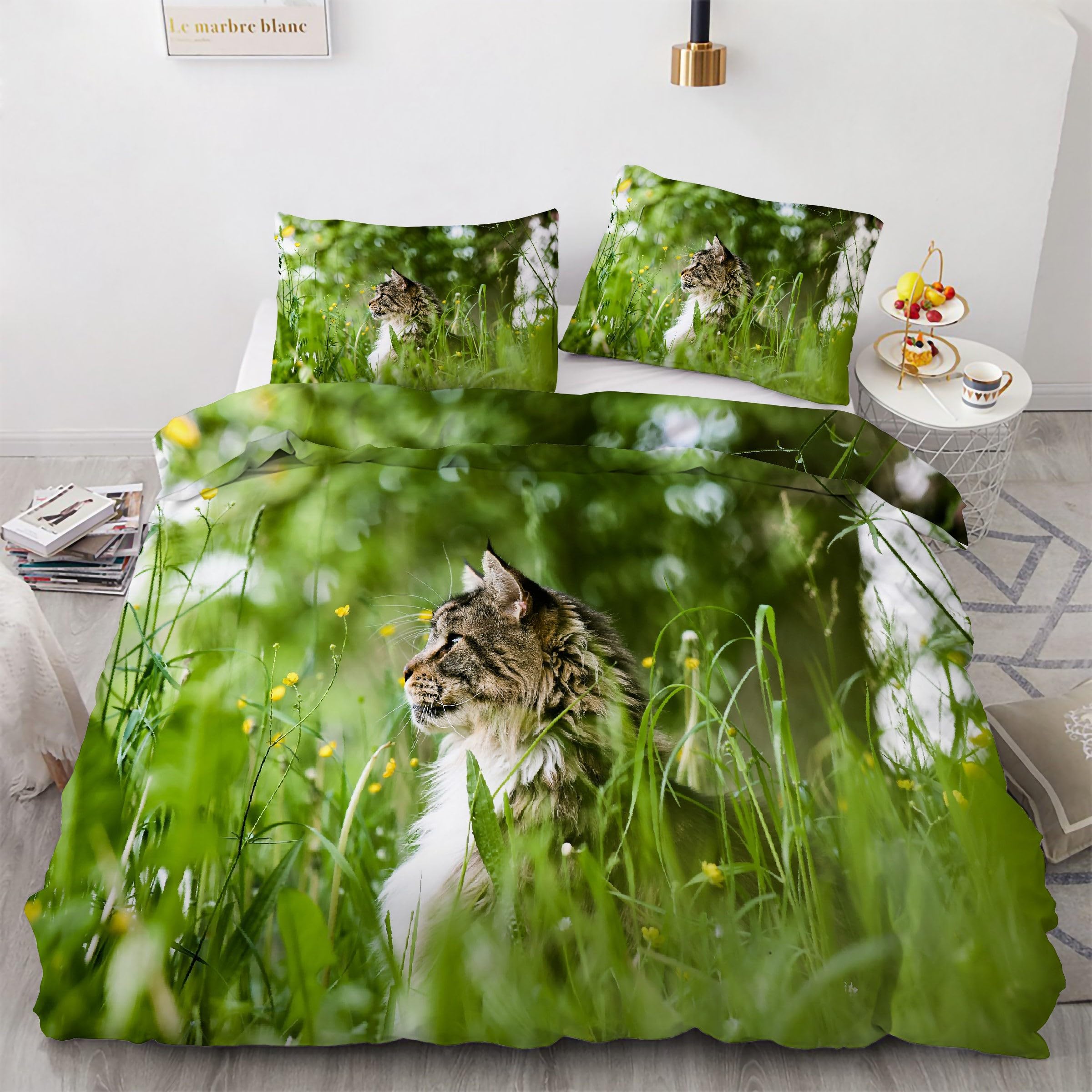 Housse de couette 90x190 chat Maine Coon à fermeture éclair pour lit simple facile à border