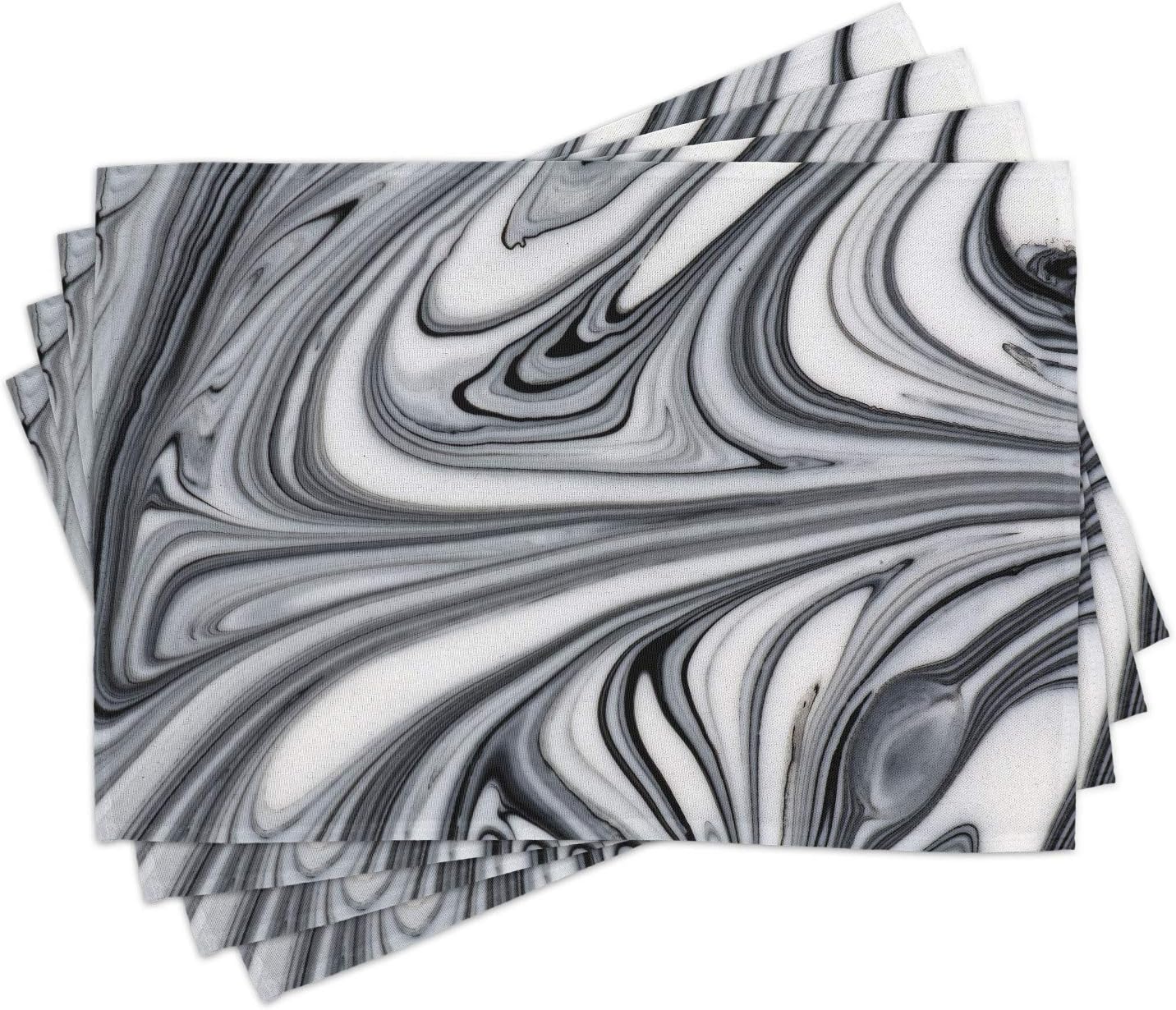 Ambesonne Abstract Place Mats Set of 4, Mix of White and Black Hallucinatory and Surreal Liquid Marble Graphic Artwork, Washable Fabric Placemats for Dining Room Kitchen Table Decor, Grey