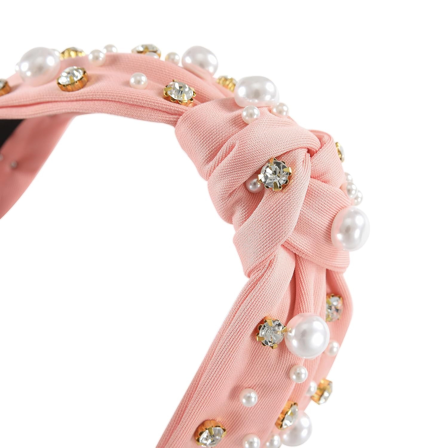 Pearl Knotted Women Headband Sparkle Rhinestone Jeweled Headband Wide Knot Crystal Embellished Hairband Fashion Women's Hair Accessories Light Pink - Image 4