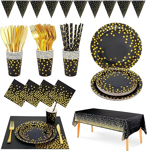 Sylken Juego de vajilla de fiesta negra y dorada 186 platos de papel, servilletas, vasos de papel y vajilla para bodas, graduaciones, cócteles,