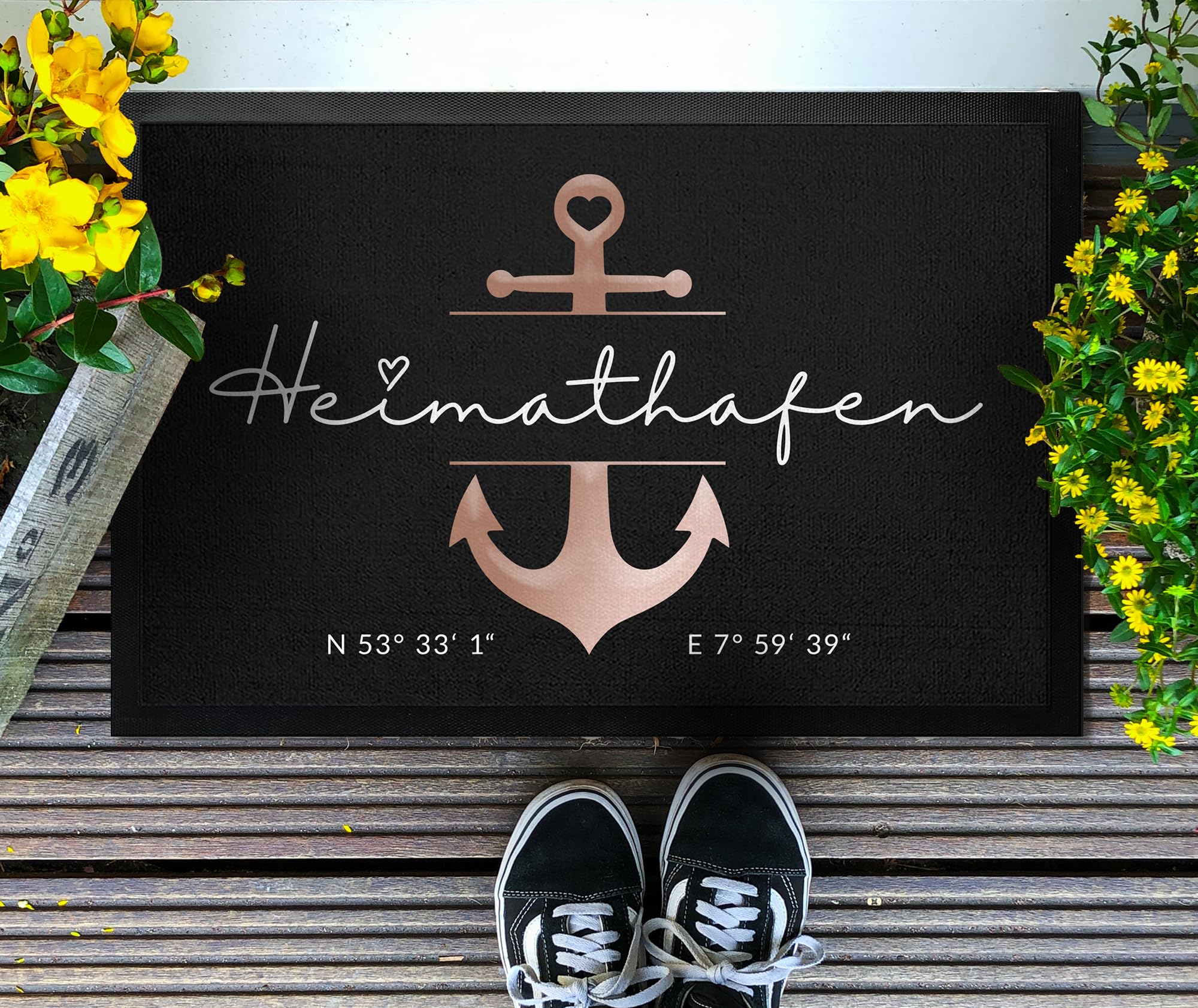 Fußmatte Personalisiert Heimathafen mit Name Vornamen Familienname bis 120cm | Türmatte innen außen personalisiert Anker | Geschenk zum Einzug, Hochzeit, Verlobung, Einweihung & Geburtstag (90x60cm)