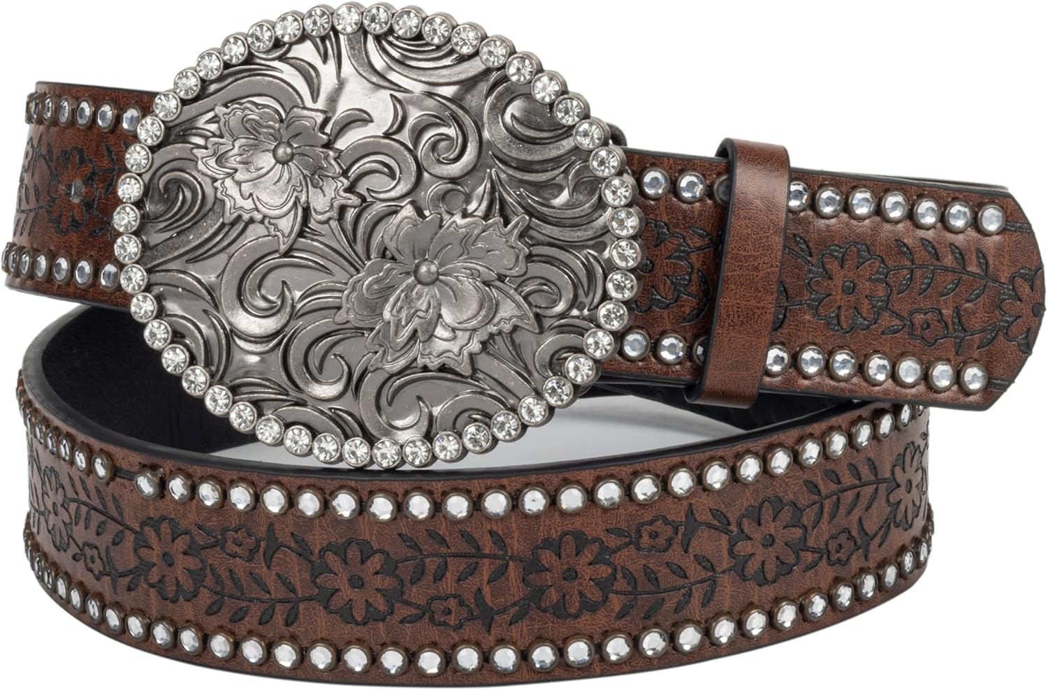 Rhinestone Western Cowboy Belts for Women, PU-Leather Brown Floral Embossed Vintage Carved Cowgirl Belt 33-37" for Jeans - Image 4