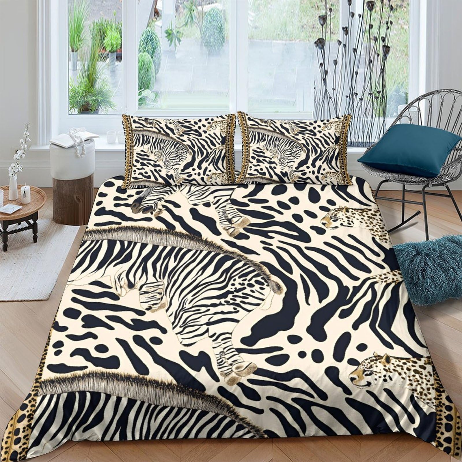 GPLZQXKJNH 3D Printed Zebra Leopard Duvet Cover Microfiber Soft Breathable Animal Pattern Bedding Set with 2 Pillowcases for Bedroom Decor Single（135x200cm）