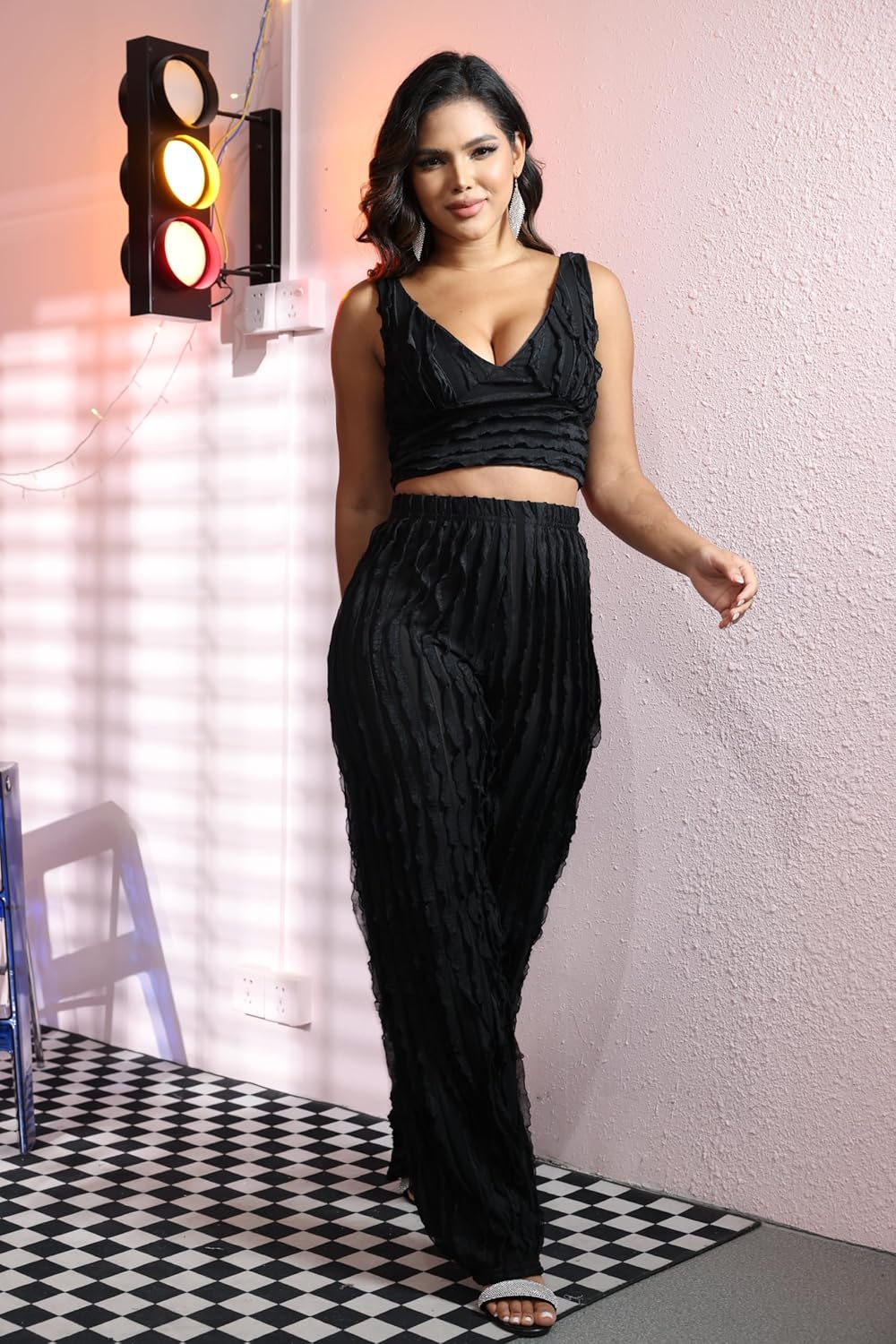 PRIVIMIX Women 2 Piece Outfits Sexy See Through Backless Top Ruffle Wide Leg Palazzo Pants Sheer Mesh Trousers Set - Image 3