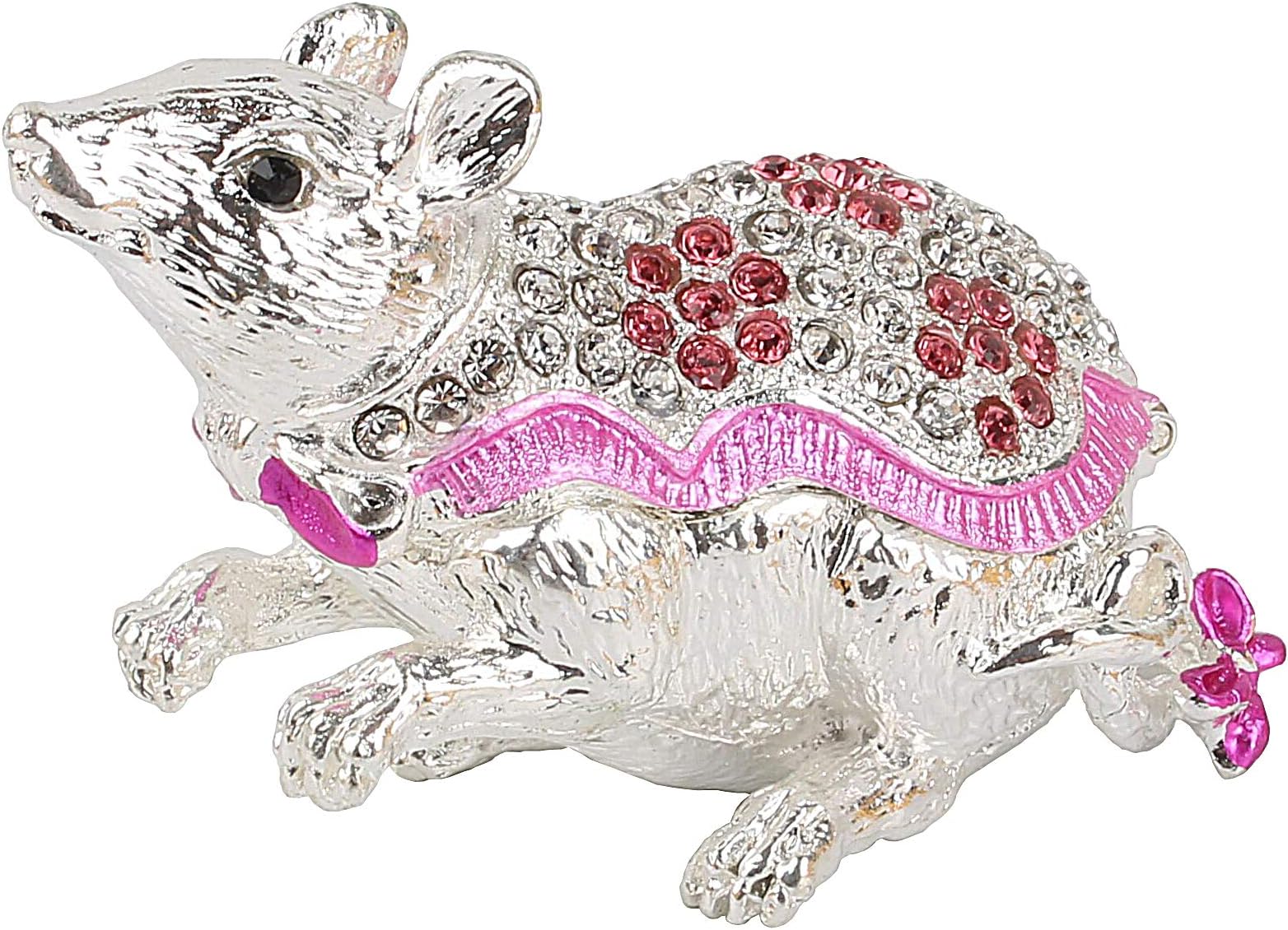 MICG Bejeweled Rat Mouse Animal Mascot Figurine Statue Trinket Jewelry Box Hand-Painted Collectible Ring Holder (Silver)