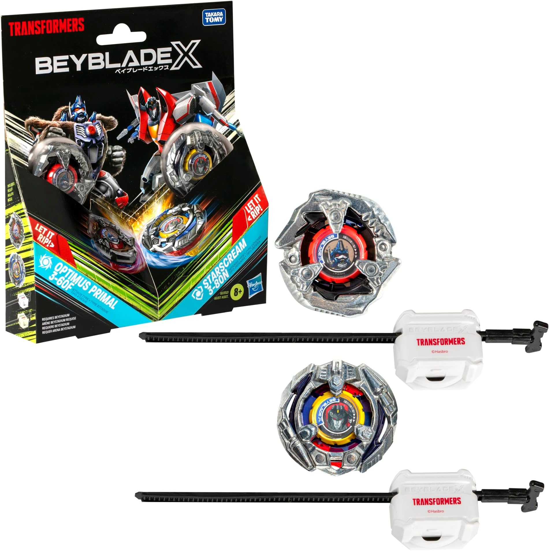 X Transformers Collab Optimus Primal 3-60F vs. Starscream 3-80N Multipack Set with 2 Tops & 2 launchers; Battling Top Toys for 8 Year Old Boys & Girls (Amazon Exclusive)