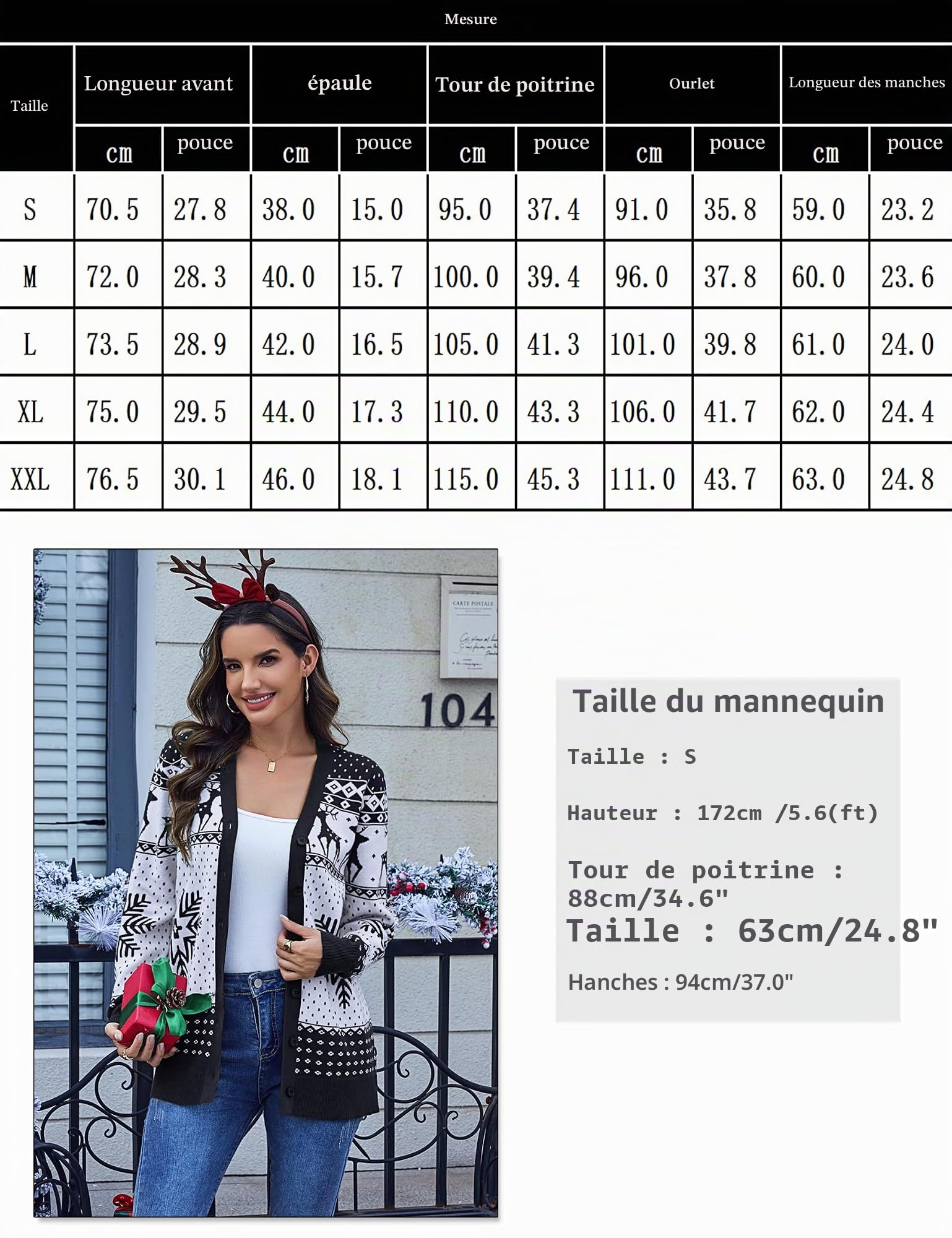 Bresdk Gilet de Noël Femme Cardigan en Tricot Imprimé Hiver Chaud Manches Longues Ouverture Devant avec Boutons