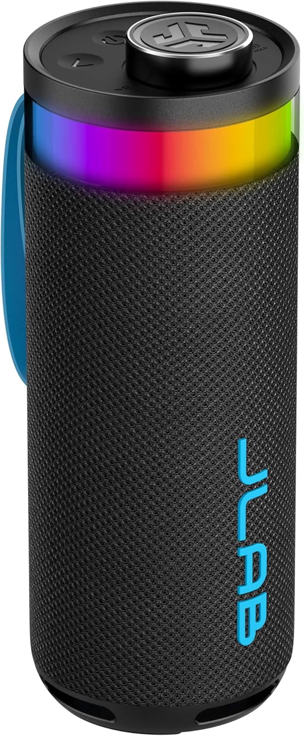 JLab Go Party Portable Bluetooth Speaker, Midnight Black, 10 Watts of Power, 16+ Hours of Playtime, IP56 Waterproofing, Customizable RGB LED Lighting, Lab Sync Up to 100 Speakers, Custom Sound in-App